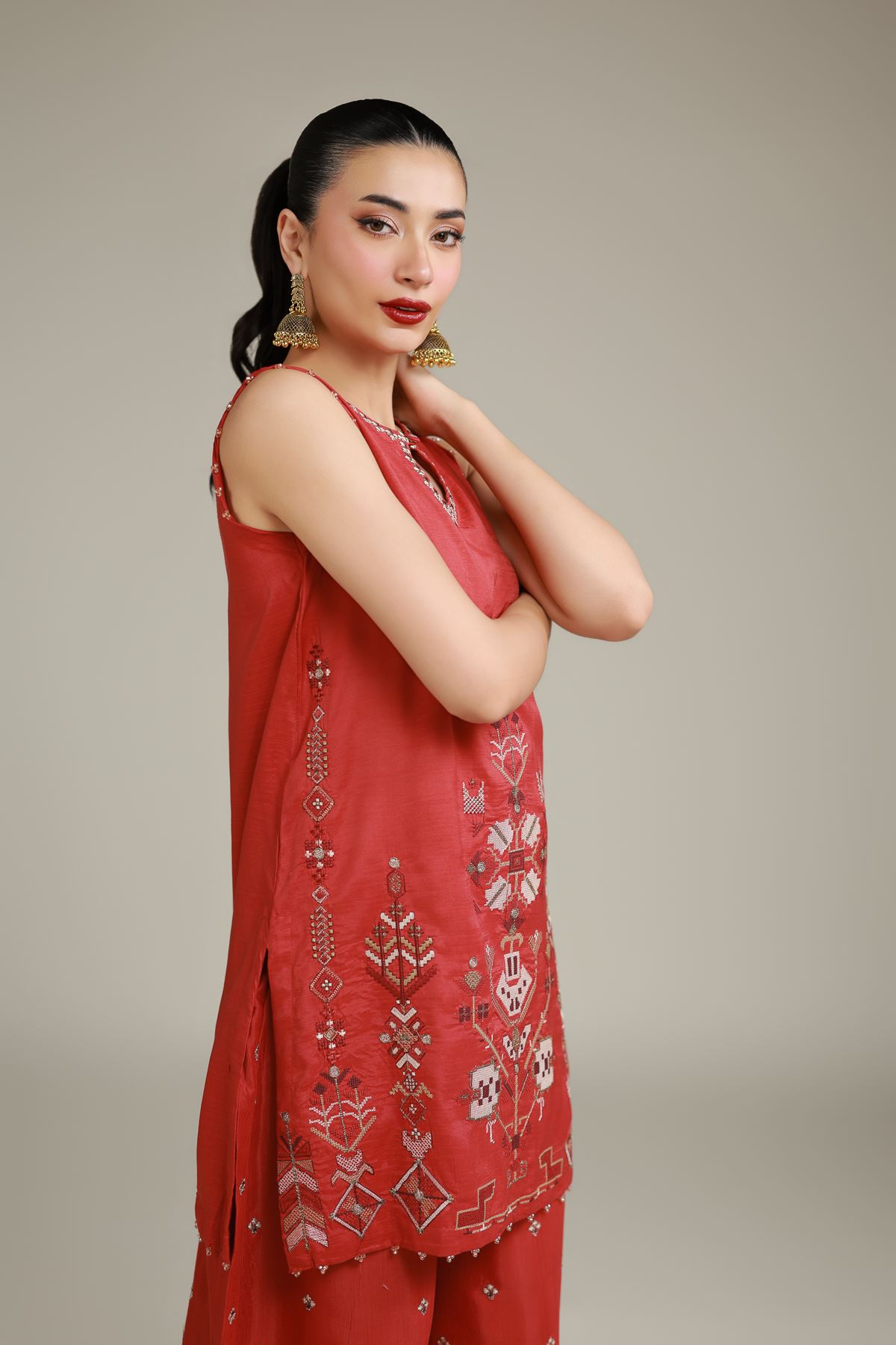 Embroidered Raw Silk Printed Rust Kurta - 1-26-137-A-B-VG