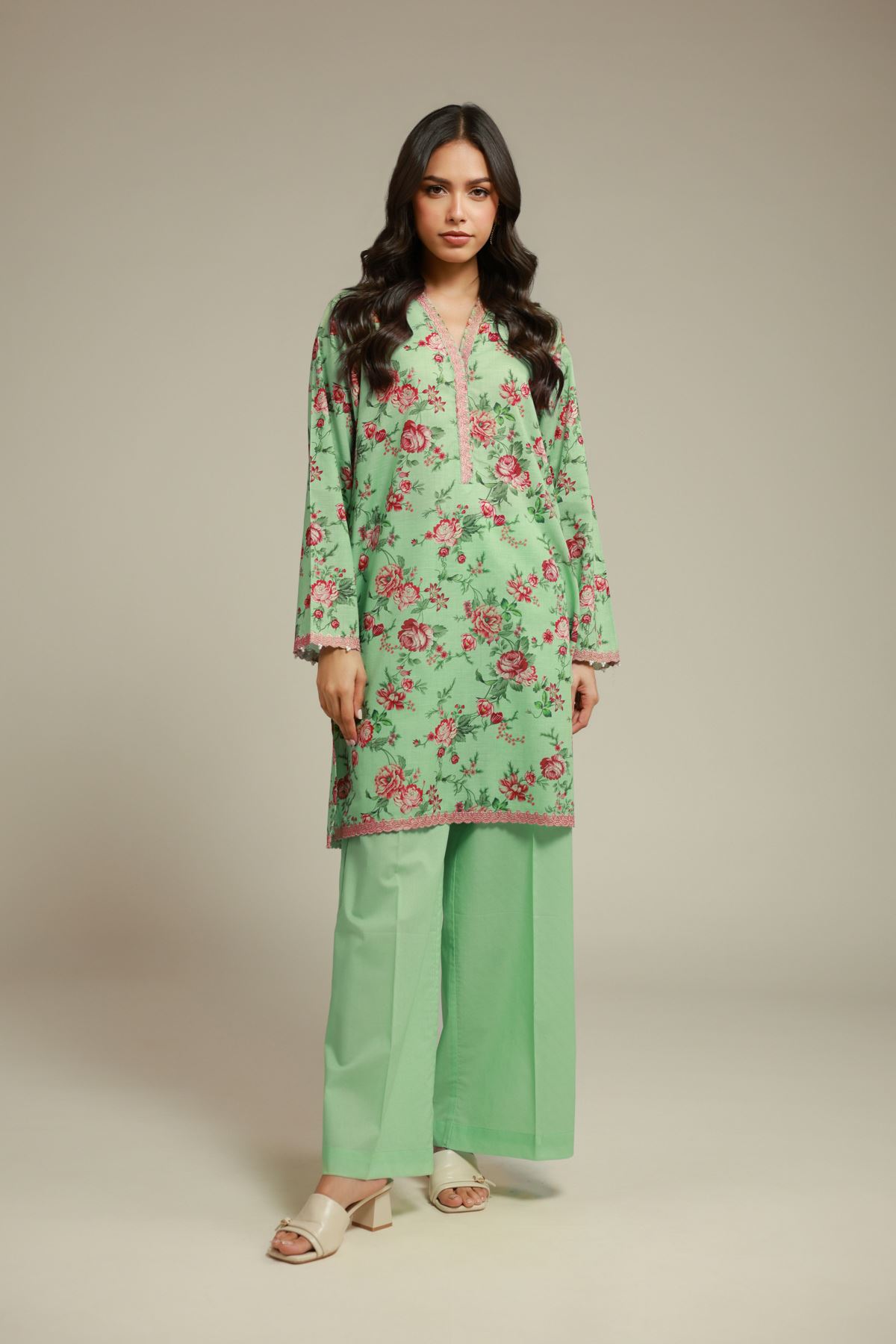 Embroidered Cambric Lawn Co-ord Set - T-A113-26-110EB1-VG