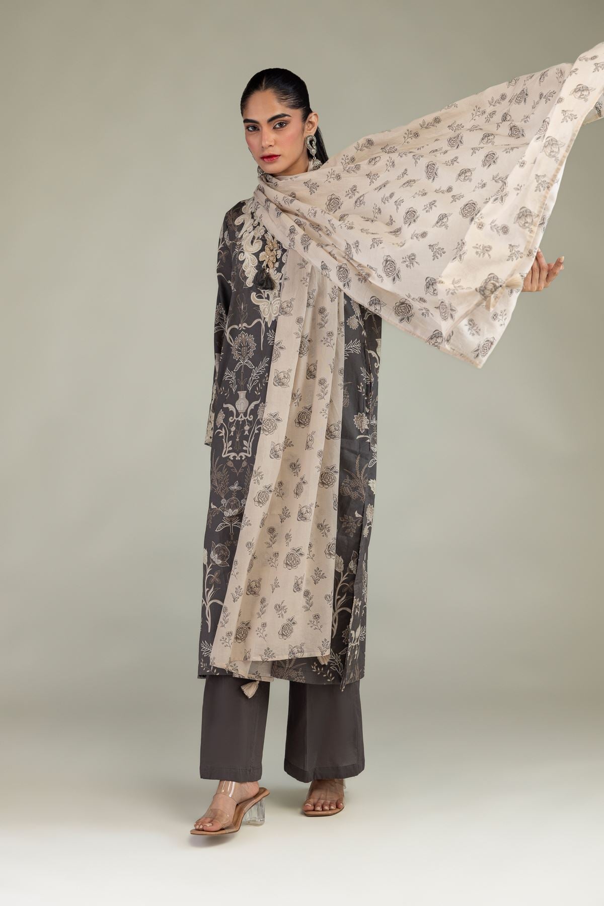 Embroidered Cambric Solid Gray Pants - 1-26-250-B-H1-VG