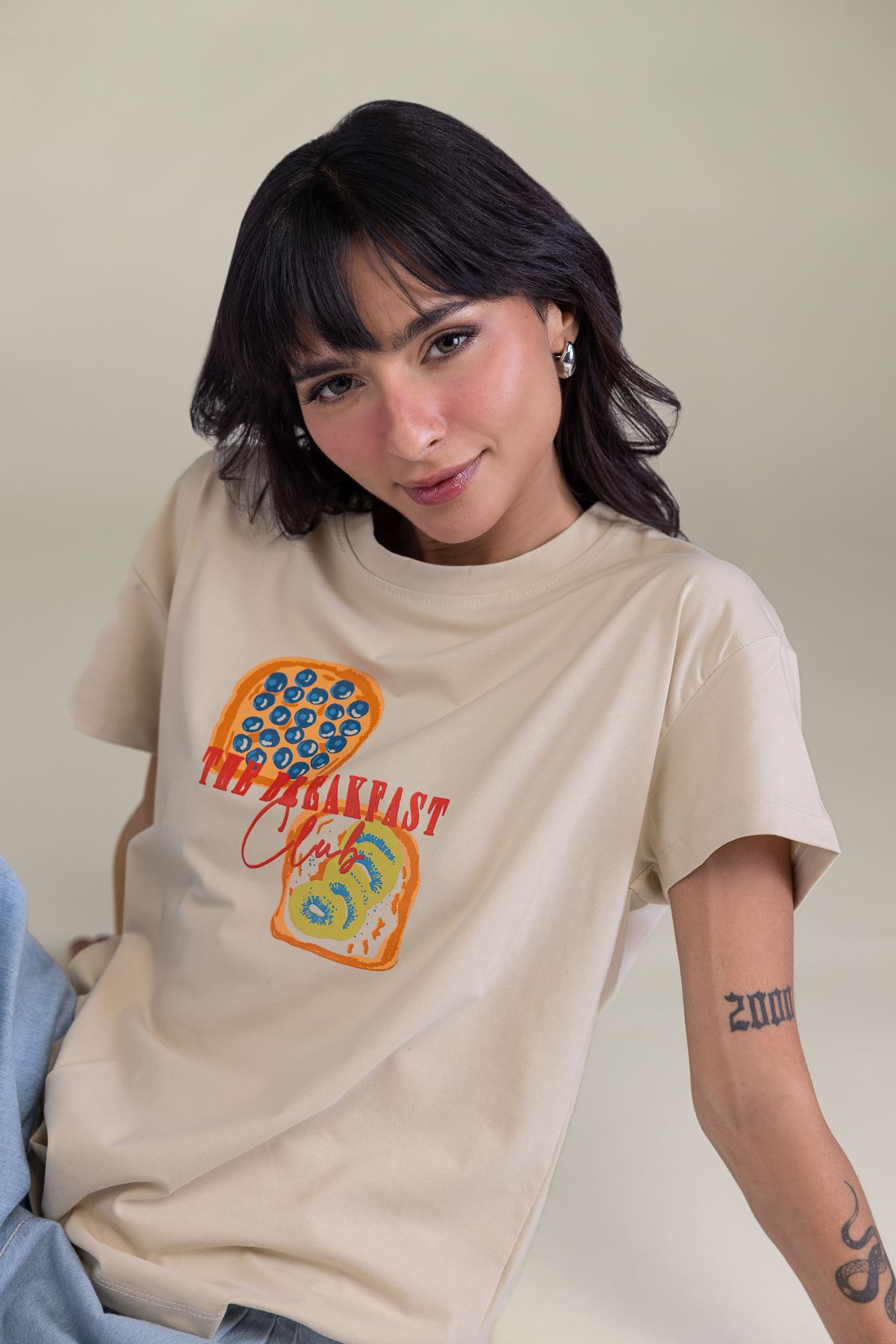 Embroidered Lycra Jersey Short Beige T-Shirt - 3-26-204-A-F1-VG