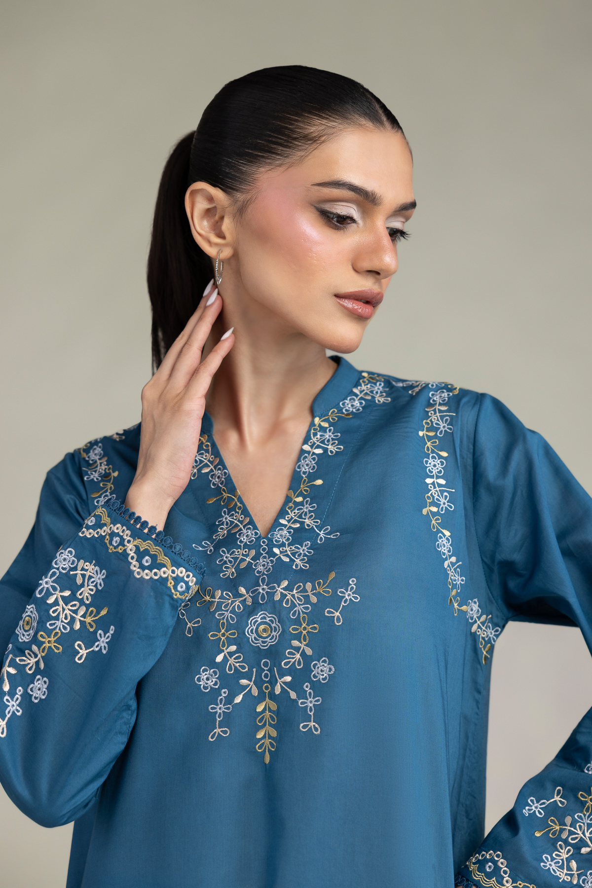 Embroidered Cambric Floral Longline Kurta - 1-26-323-B-A2-VG