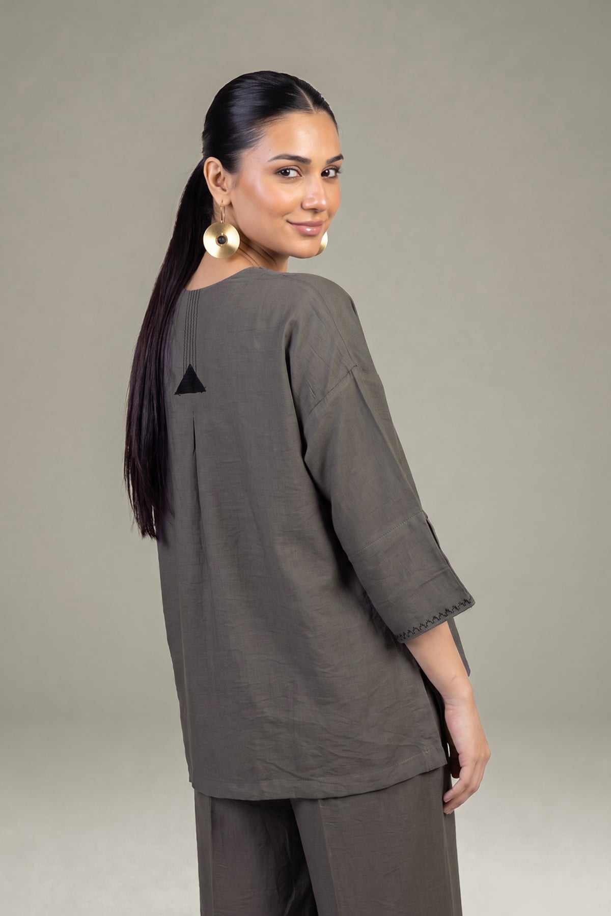 Dyed Crepe Solid V-Neck Tunic - 1-26-409-A-A-VG