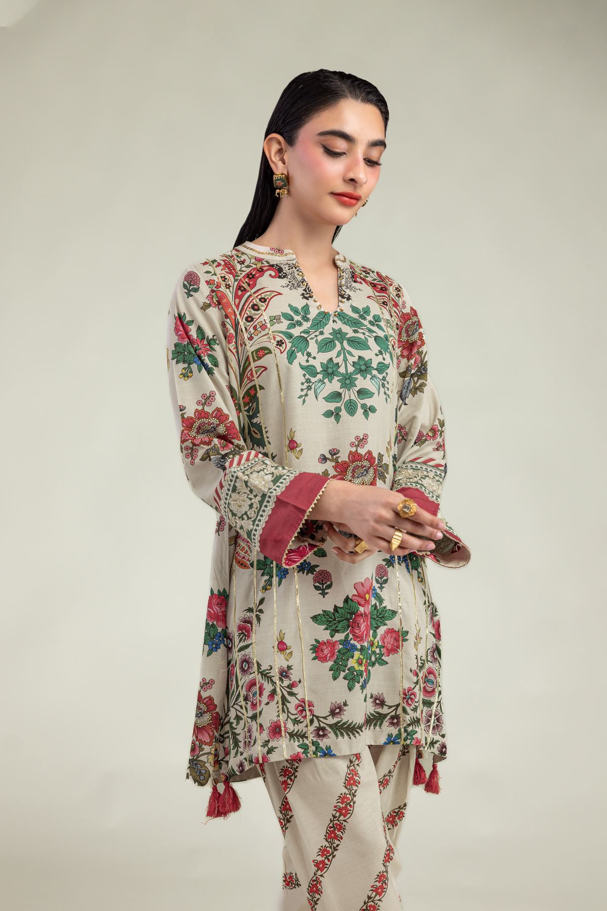 Embroidered Raw Silk Floral Beige Kurta - 1-26-203-A-C1-VG