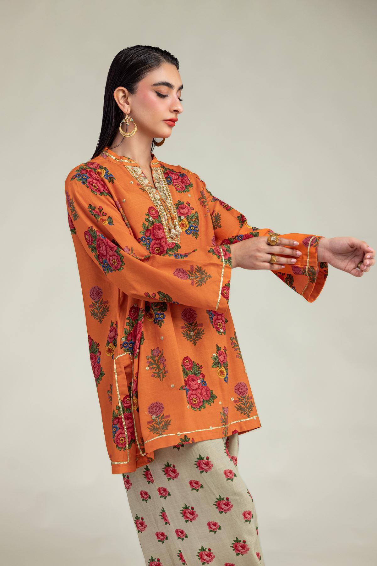 Embroidered Raw Silk Orange Floral Kurta - 1-26-221-A-G1-VG