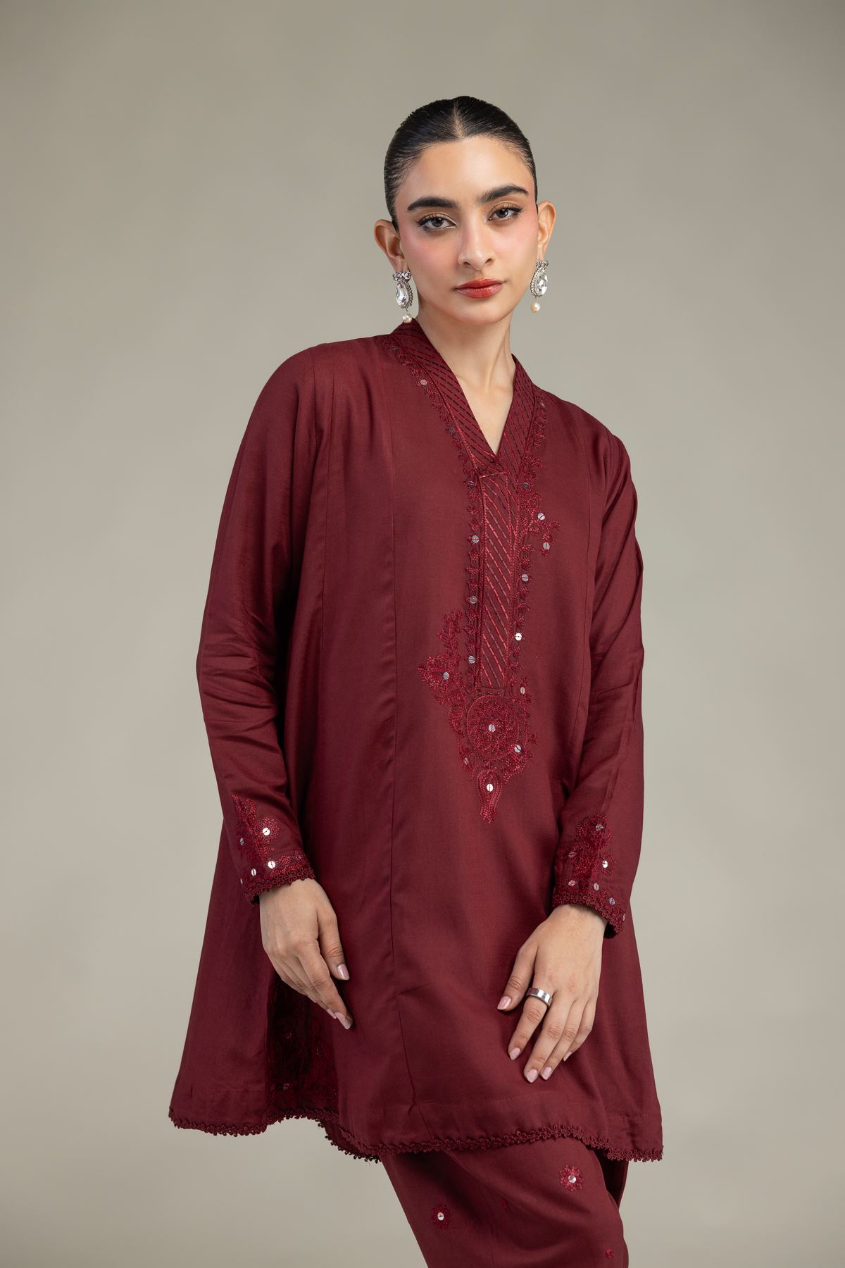 Embroidered Raw Silk Maroon V-Neck Kurta - 1-26-225-A-C1-VG