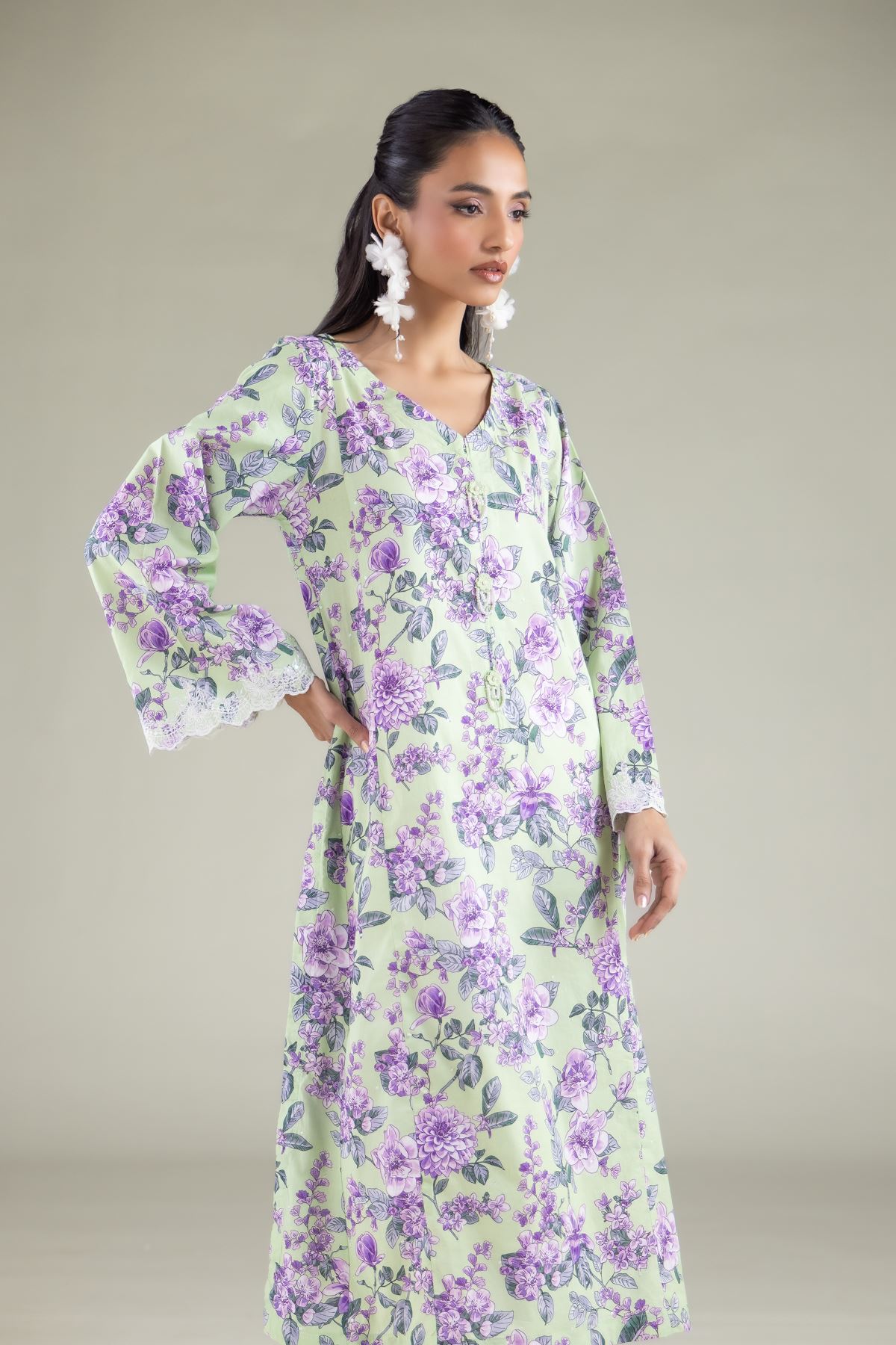Embroidered Cambric Floral V-Neck Kurta - 1-26-129-A-D-VG
