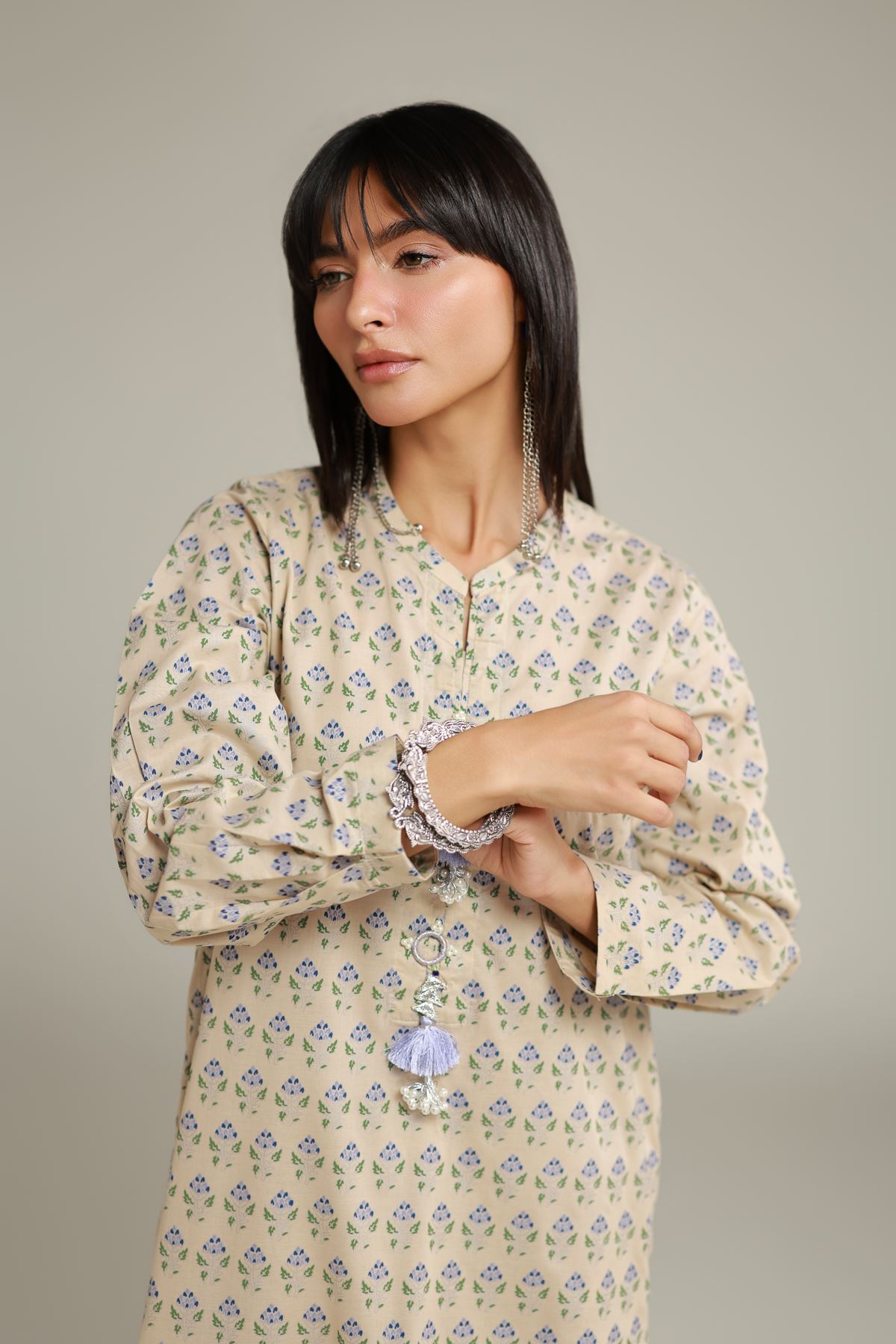 Printed Cambric Floral Longline Kurta - 12-26-115-F-E-VG