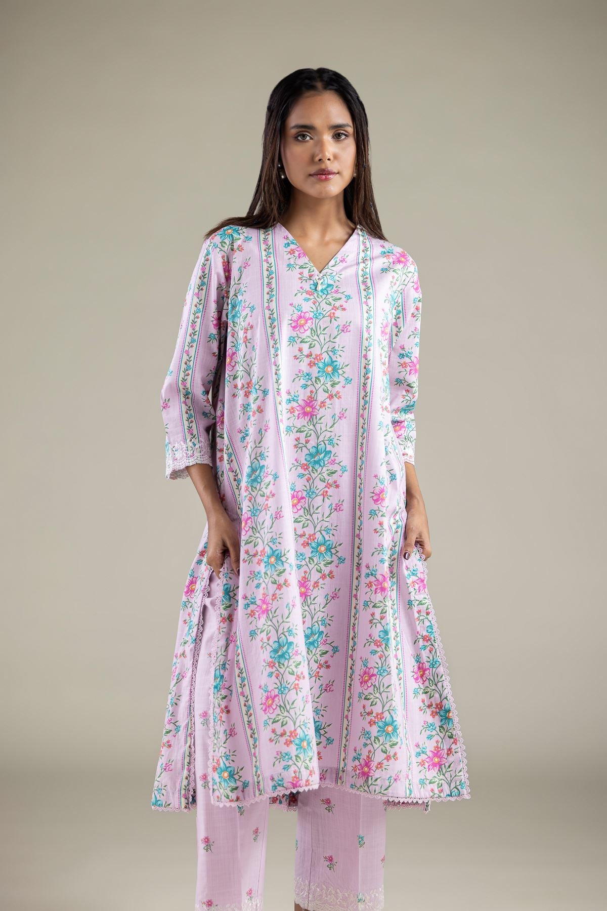Embroidered Textured Cotton Kurta - 2-26-102-A-H-VG