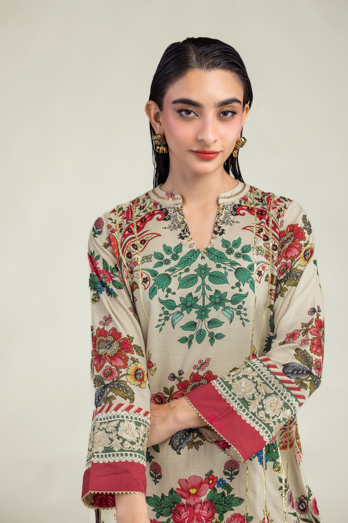 Embroidered Raw Silk Floral Beige Kurta - 1-26-203-A-C1-VG