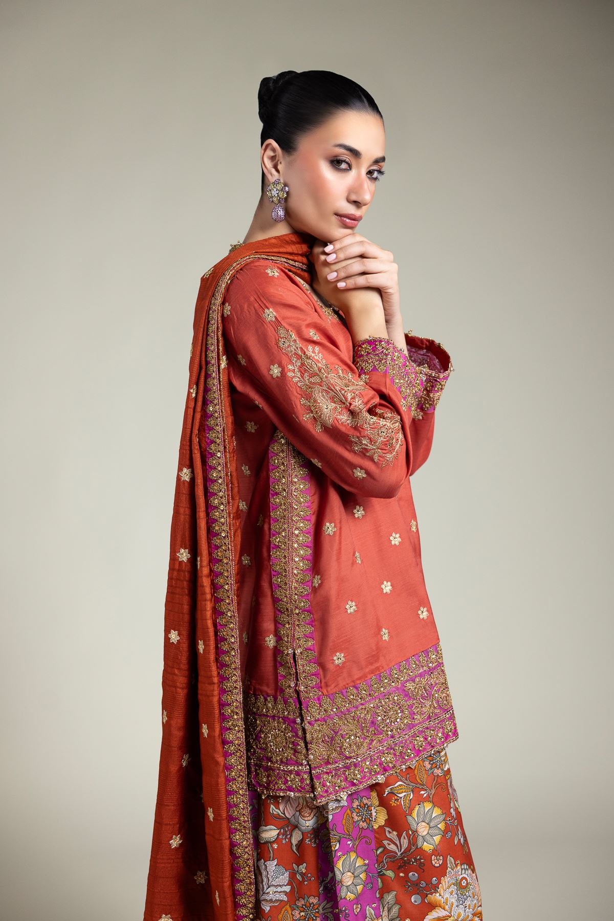 Embroidered Raw Silk Three-Piece Set - 5-26-104-F-E-VG