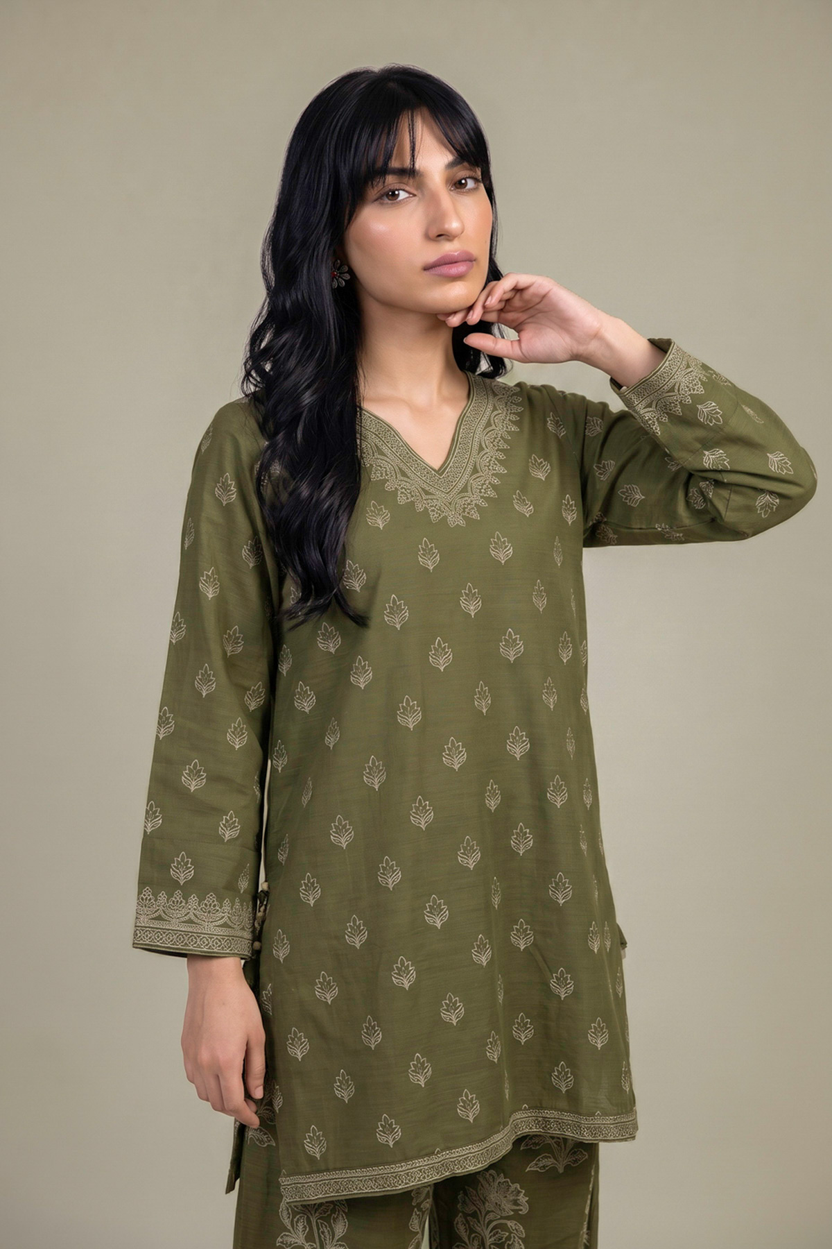 Printed Light Khaddar Printed Olive Kurta - 2-26-308-A-G1-VG