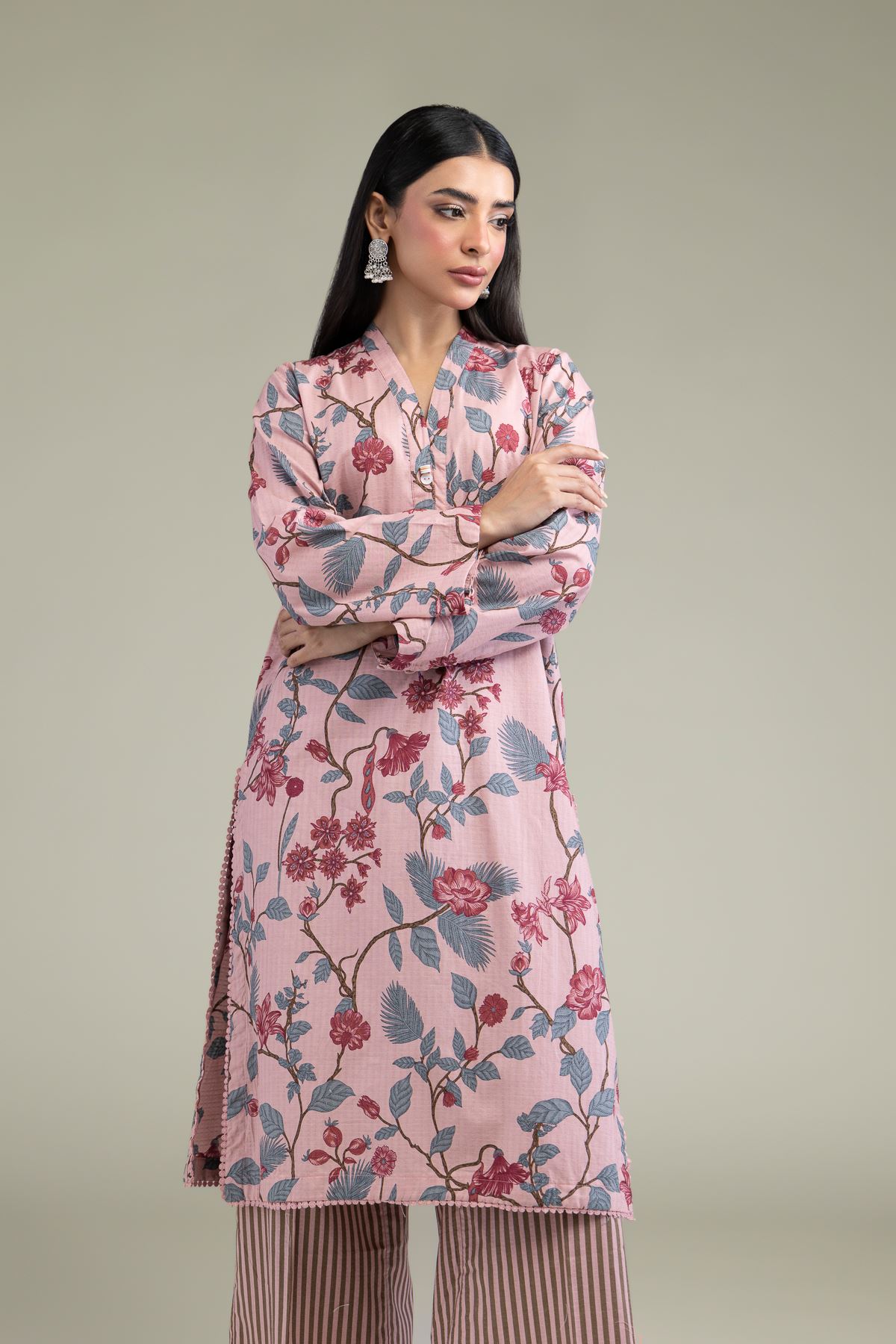 Printed Cotton Dobby Floral Longline Kurta - 1-26-211-A-F1-VG