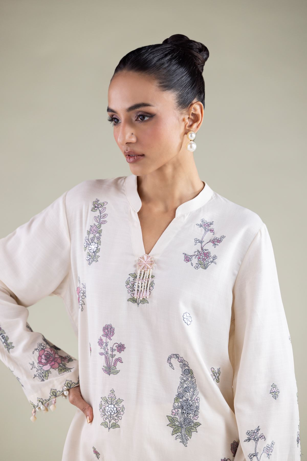 Embroidered Raw Silk Paisley Pearl Kurta - 2-26-105-A-D-VG
