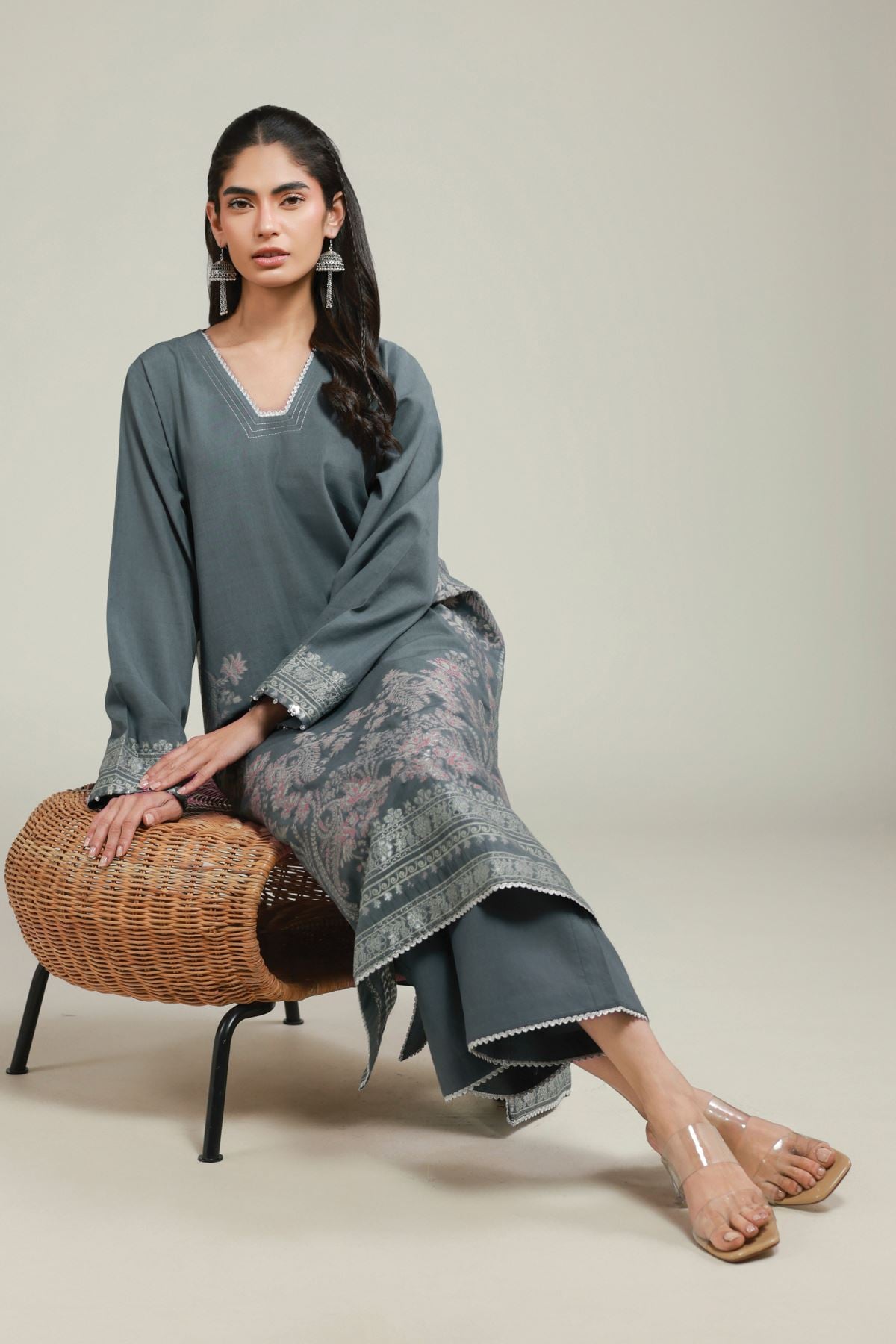 Dyed Jacquard Gray Tailored Set - 26-02-1E13-02TA-VG