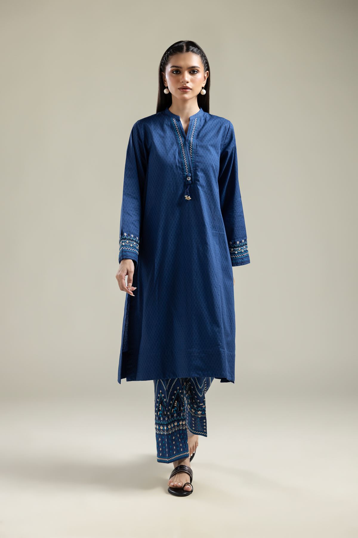 Embroidered Cotton Dobby Blue Longline Kurta - 1-26-204-A-A1-VG