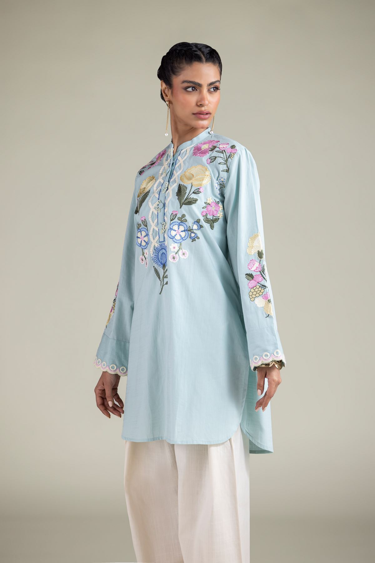 Embroidered Textured Cotton Floral Band Collar Kurta - 1-26-103-A-A-VG