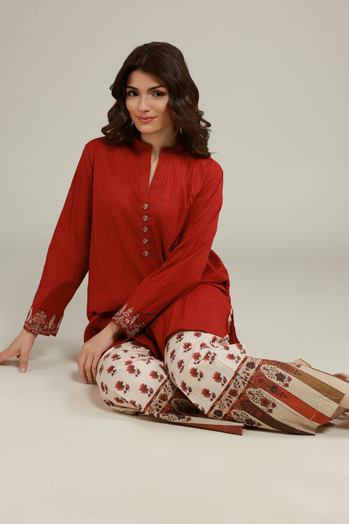 Embroidered Cotton Crinkle Solid Crinkled Kurta - 1-26-108-A-F-VG