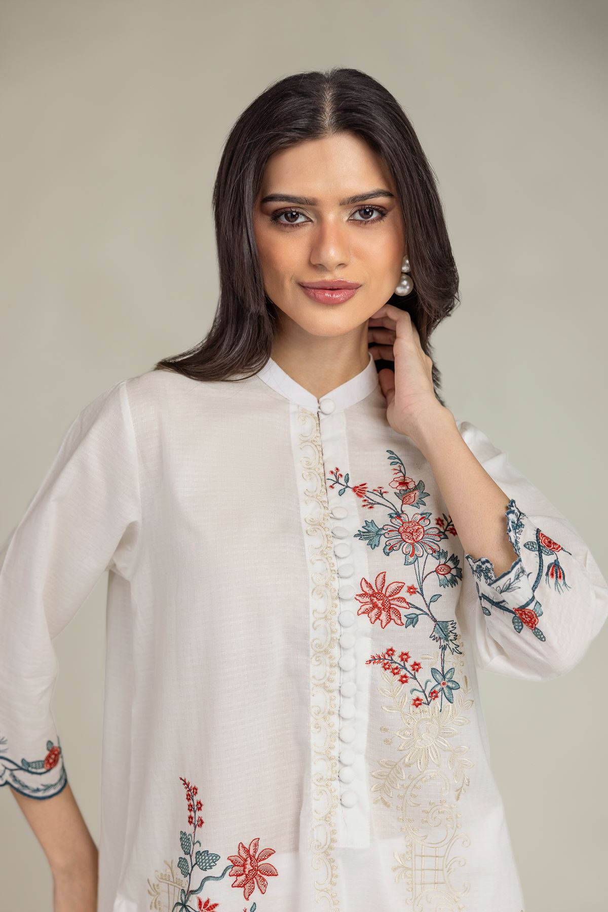 Embroidered Cotton Dobby Short Floral Kurta - T-A11-26-104FB2-VG