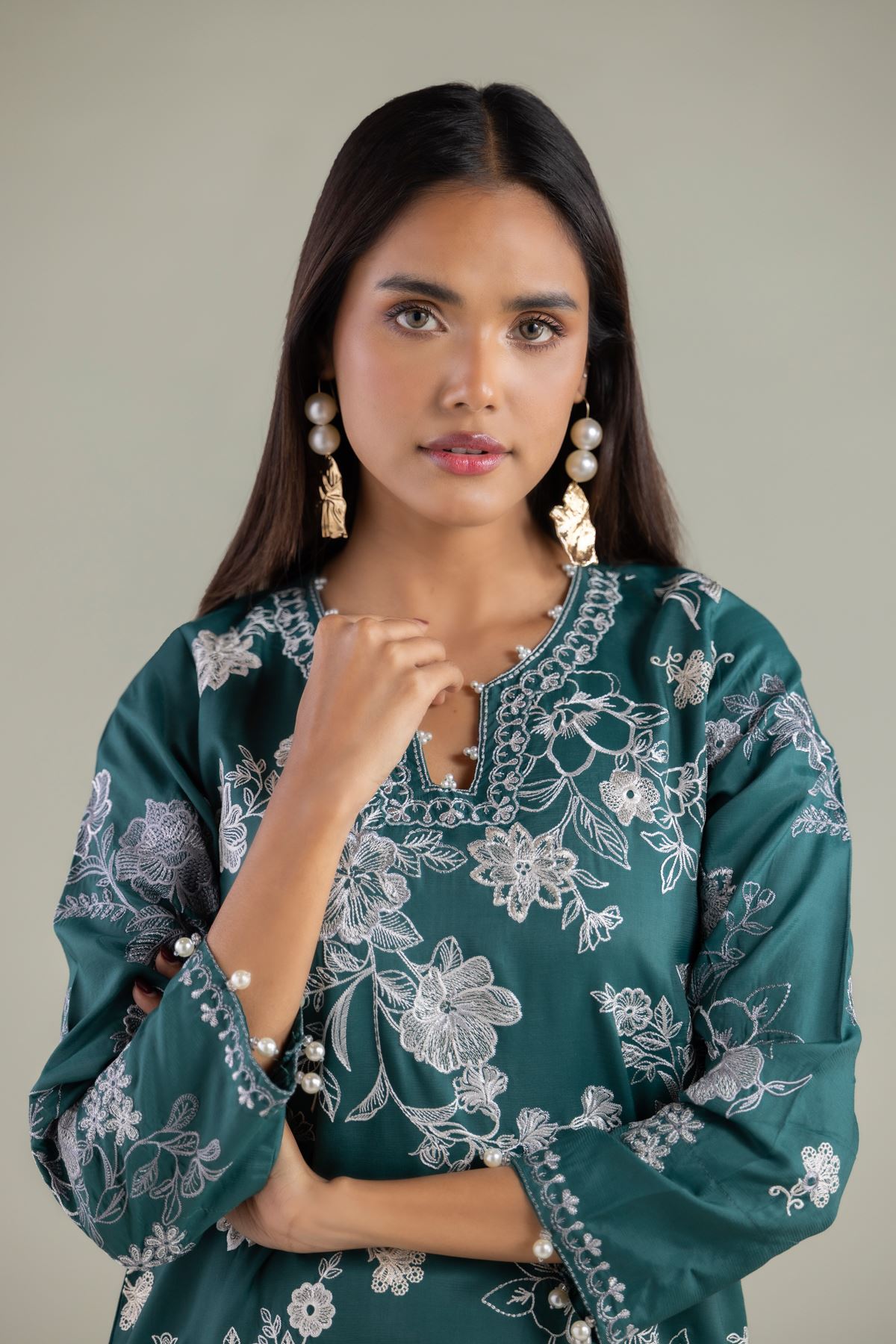 Embroidered Raw Silk Pearl Floral Kurta - 1-26-108-A-F-VG