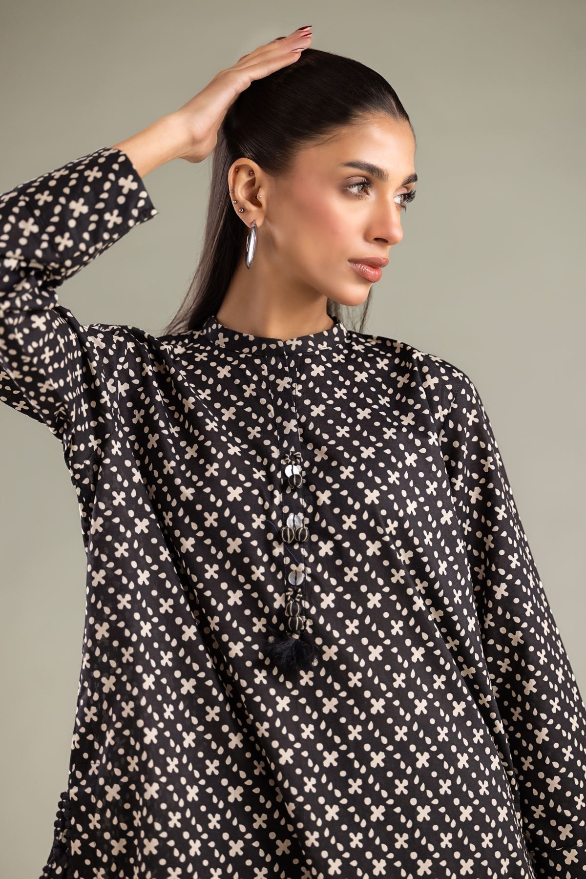 Printed Cambric Geometric Band Collar Kurta - 1-26-116-A-C-VG