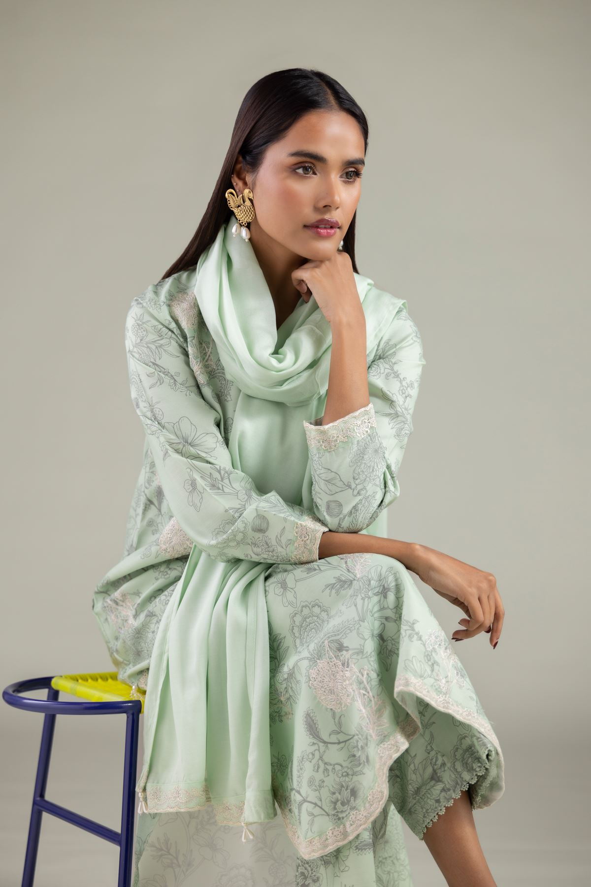 Embroidered Raw Silk Floral Lace Dupatta - 2-26-112-A-D-VG