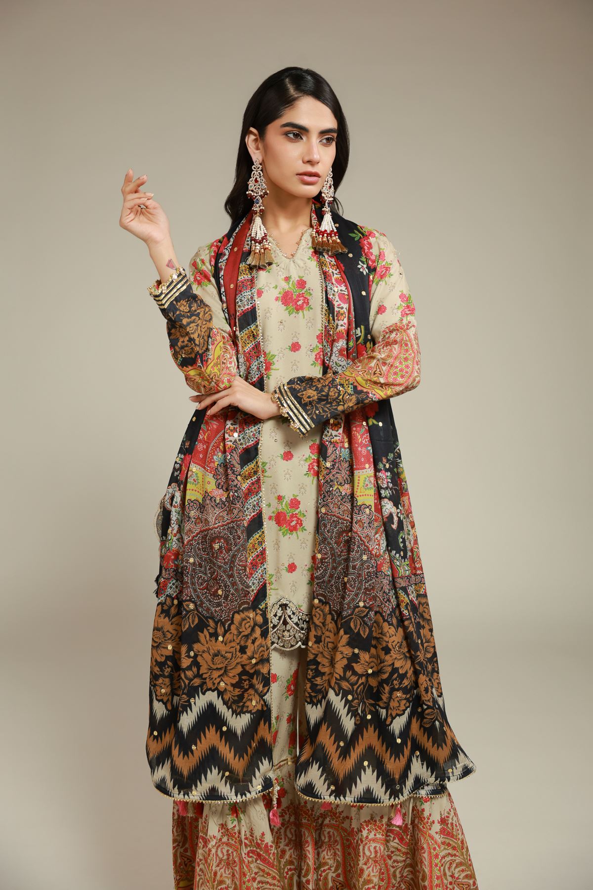 Embroidered Raw Silk 3 Piece Co-ord Set - 25-10-12E11-02TA-VG