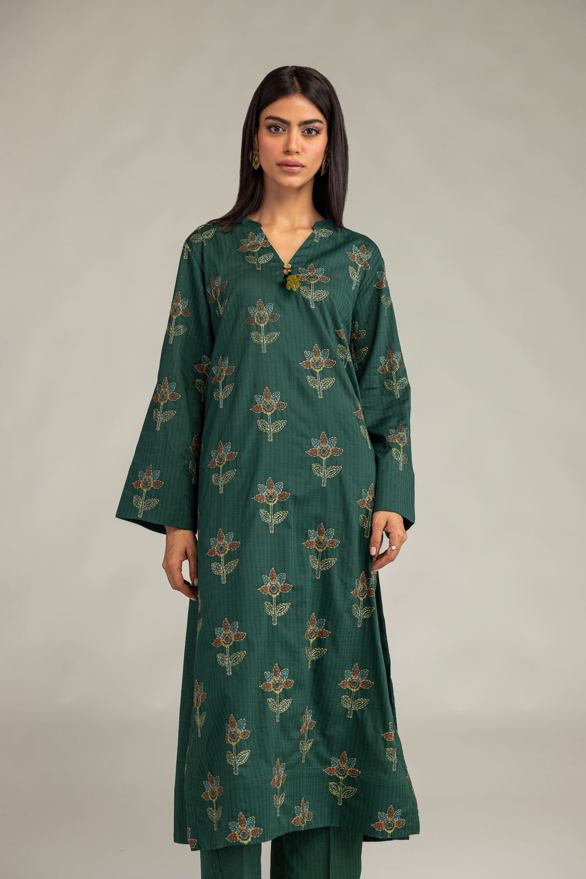 Embroidered Cotton Dobby Floral Longline Kurta - 2-26-301-B-F1-VG