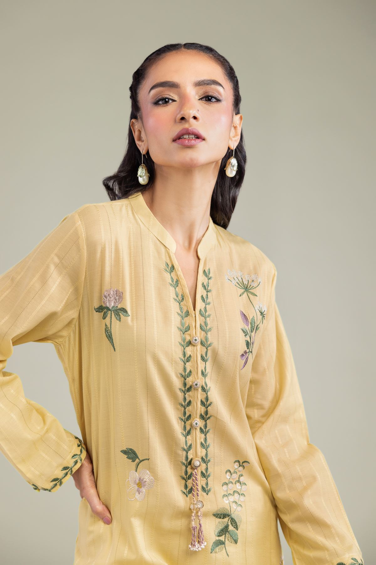 Embroidered Textured Cotton Cotton Longline Kurta - 1-26-206-A-F1-VG