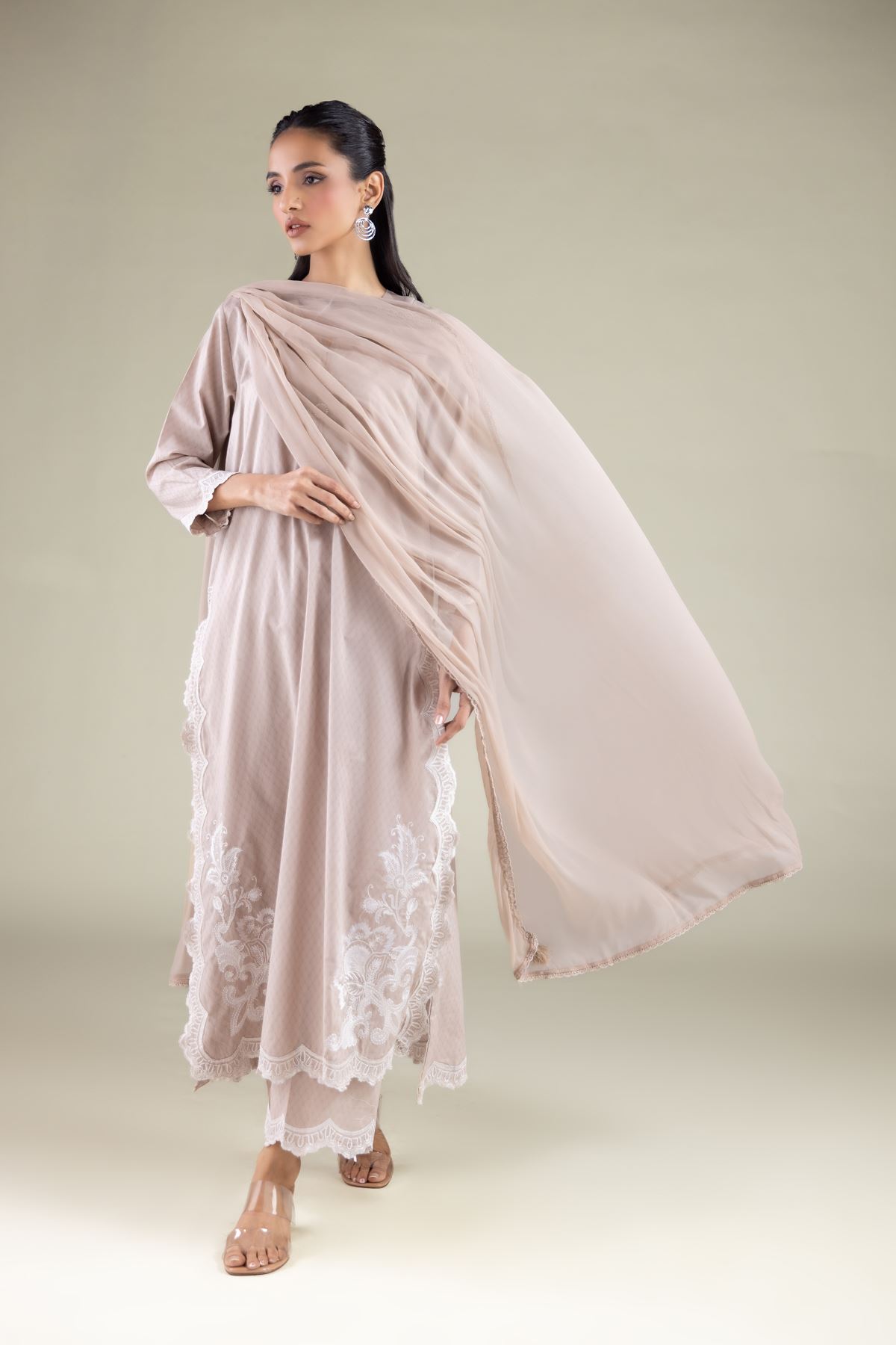 Embroidered Chiffon Draped Lace Dupatta - 1001915626