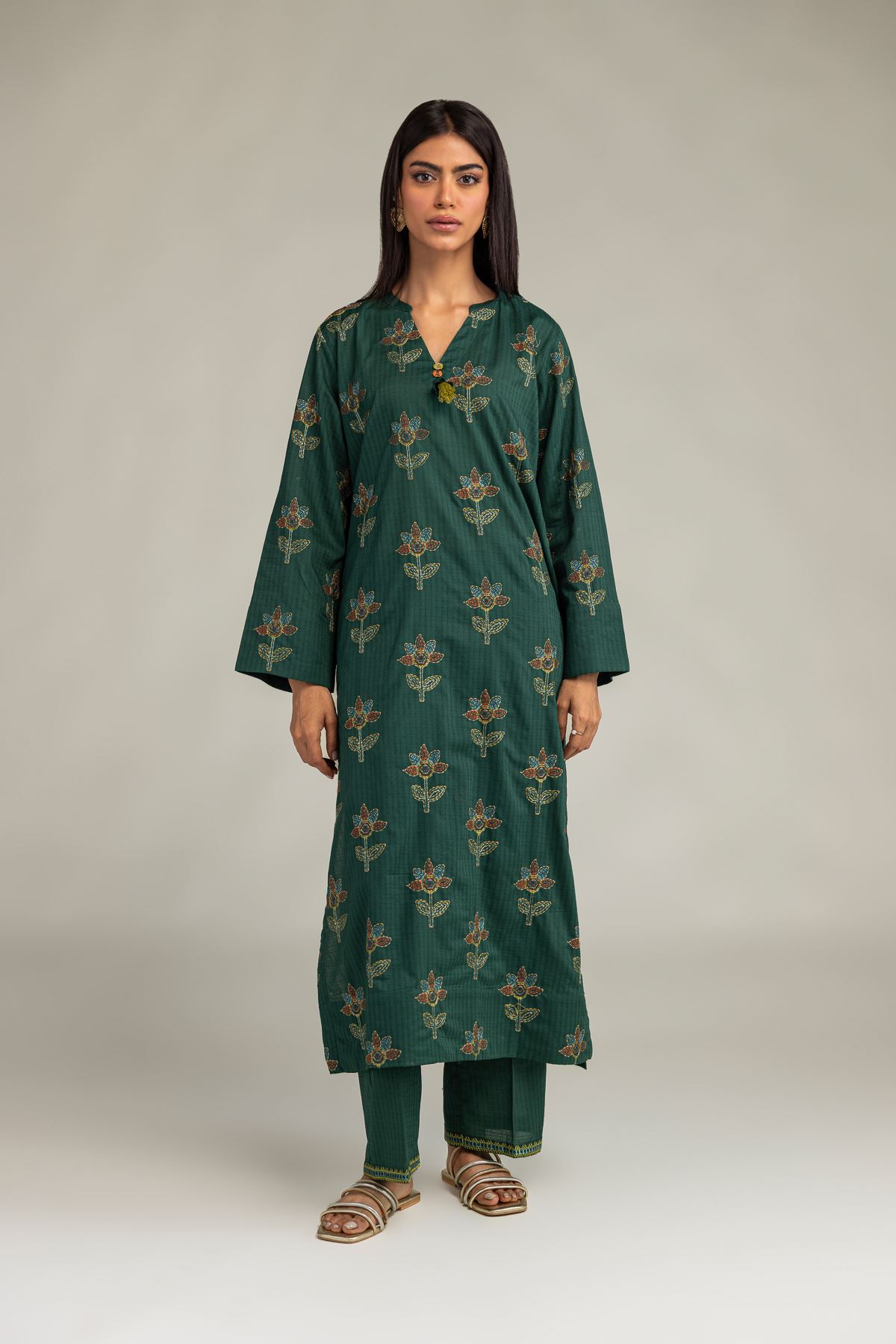 Embroidered Cotton Dobby Floral Longline Kurta - 2-26-301-B-F1-VG