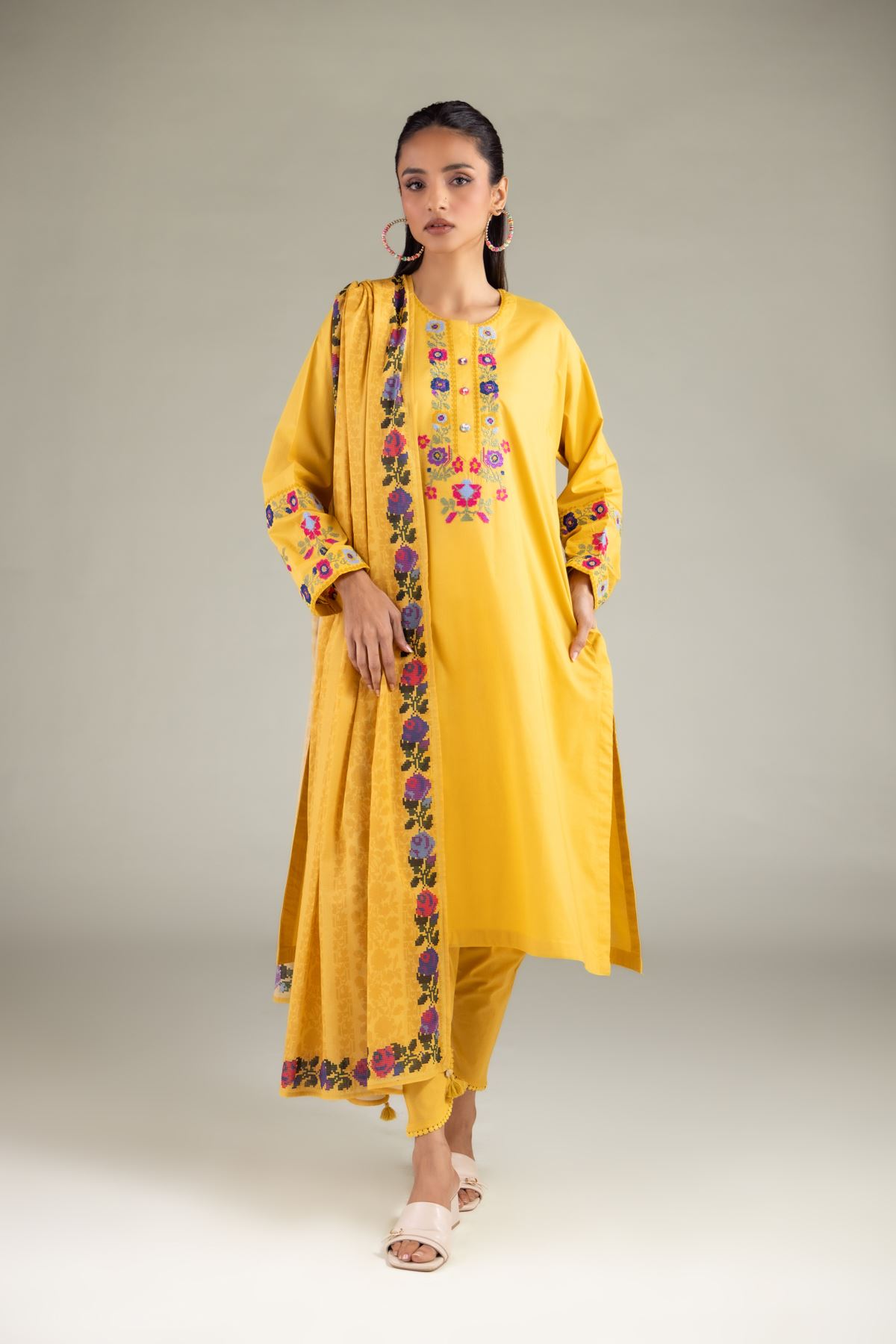 Printed Lawn Floral Summer Dupatta - 6-26-105-A-G-VG