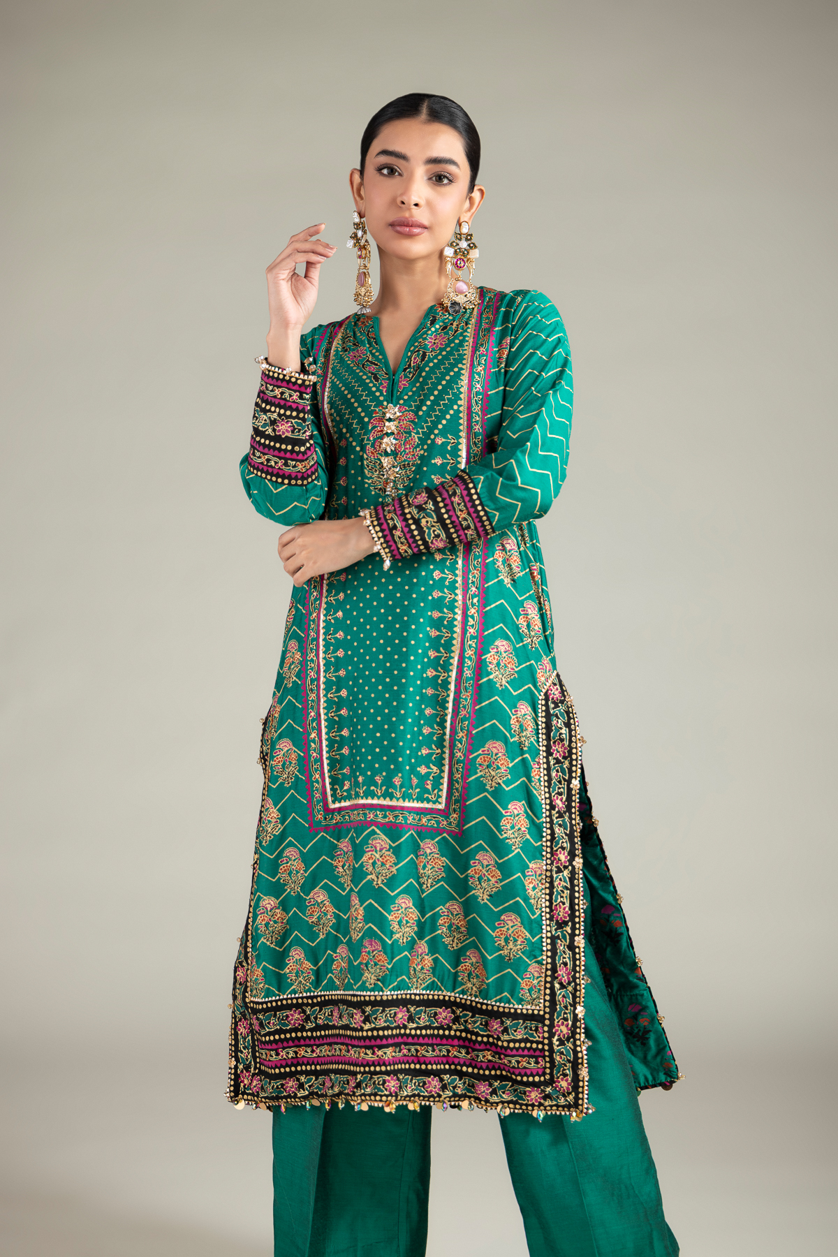 Printed Raw Silk 3 Piece Co-ord Set - 2-26-112-A-C-VG