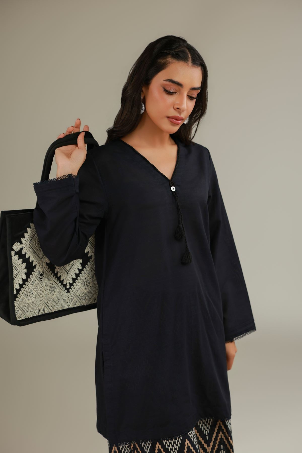 Printed Textured Cotton V-Neck Cotton Kurta - 1-26-108-A-F-VG