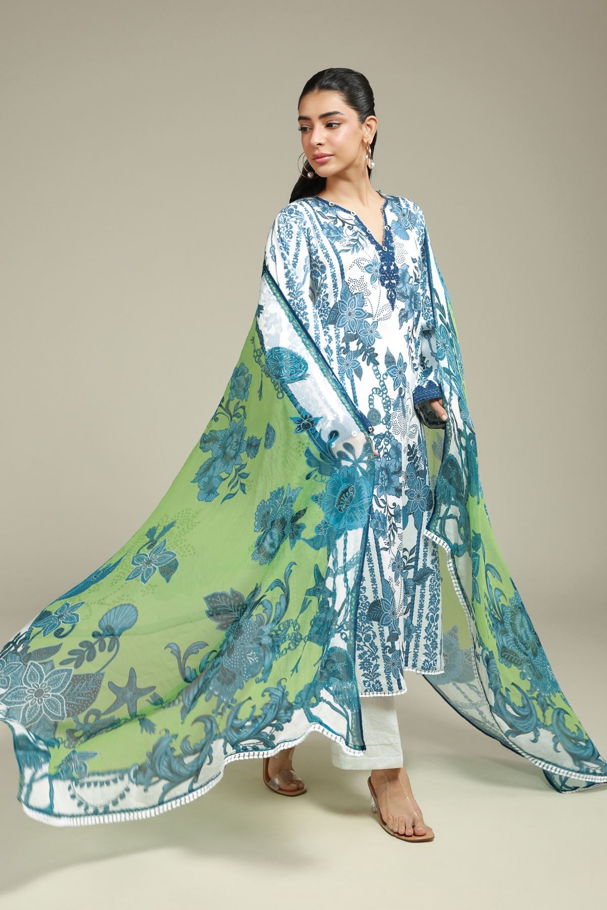 Embroidered Satin Floral Printed Suit - T-A22-26-106FG-VG