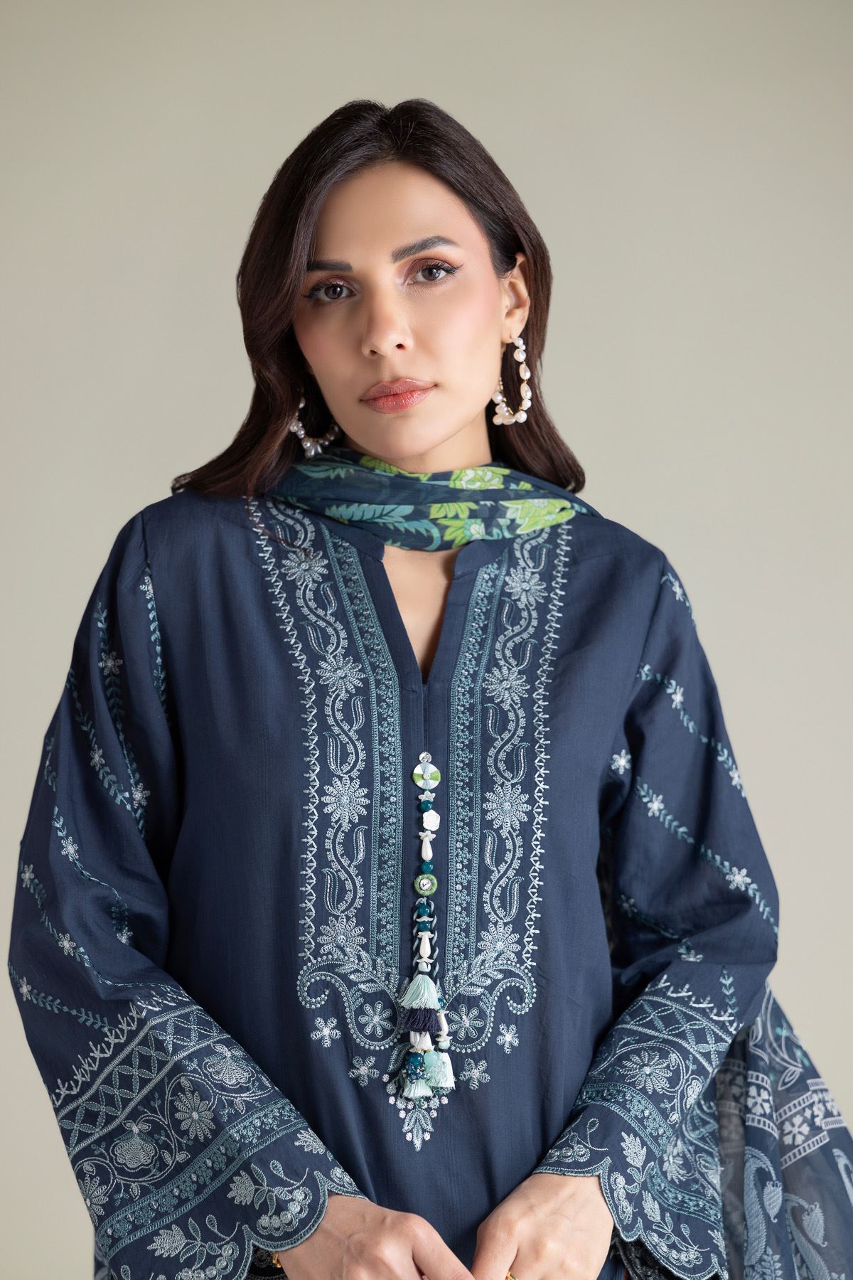 Embroidered Textured Cotton Tailored 3 Piece - T-A22-26-207FA2-VG