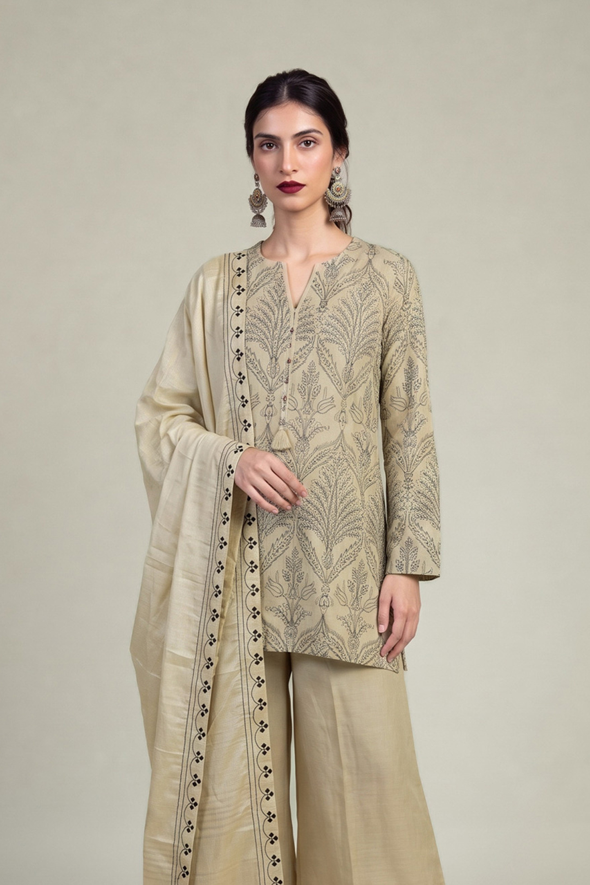 Embroidered Raw Silk Beige Silk Kurta - 1-26-309-B-D1-VG