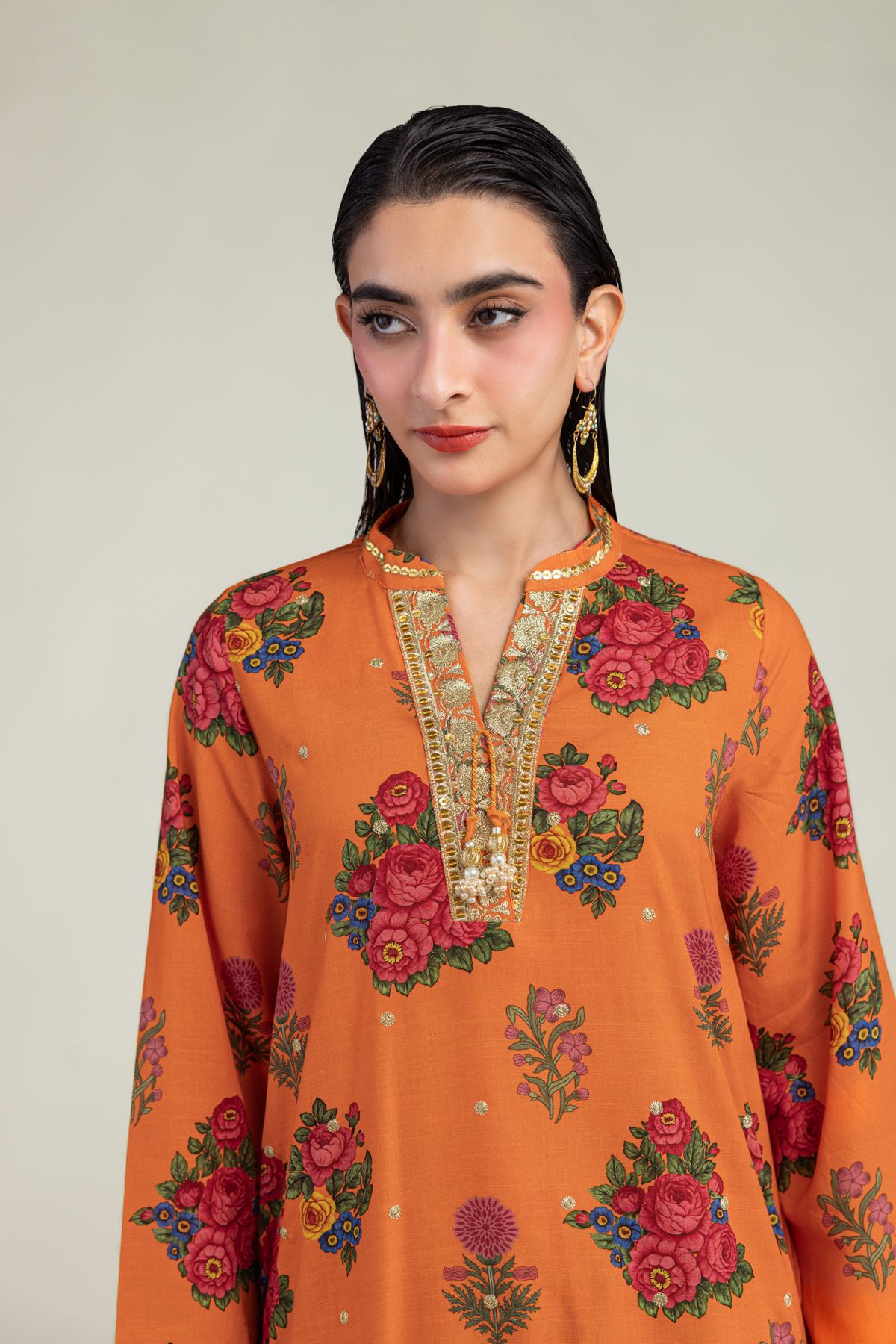 Embroidered Raw Silk Orange Floral Kurta - 1-26-221-A-G1-VG