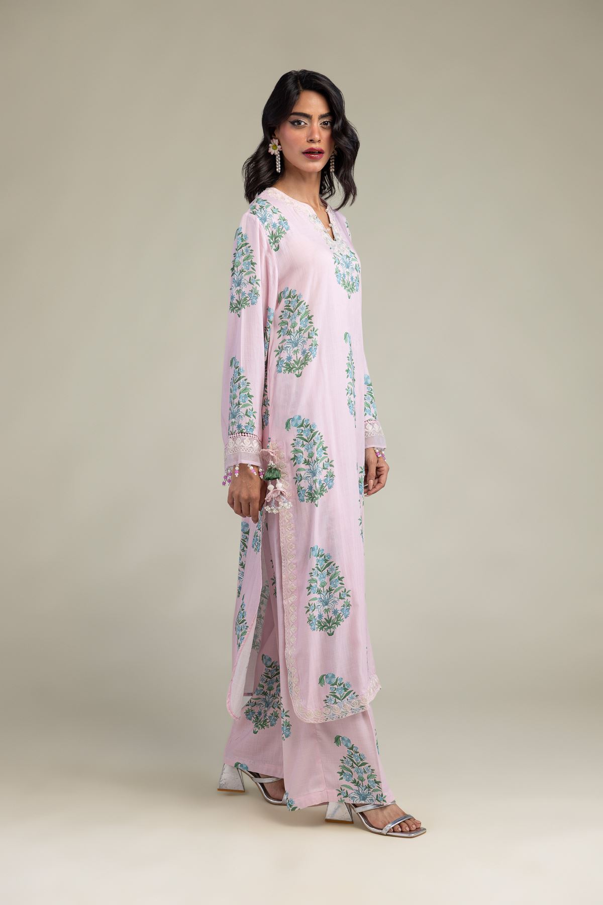 Embroidered Raw Silk Floral Pink Pants - 1-26-102-A-F-VG