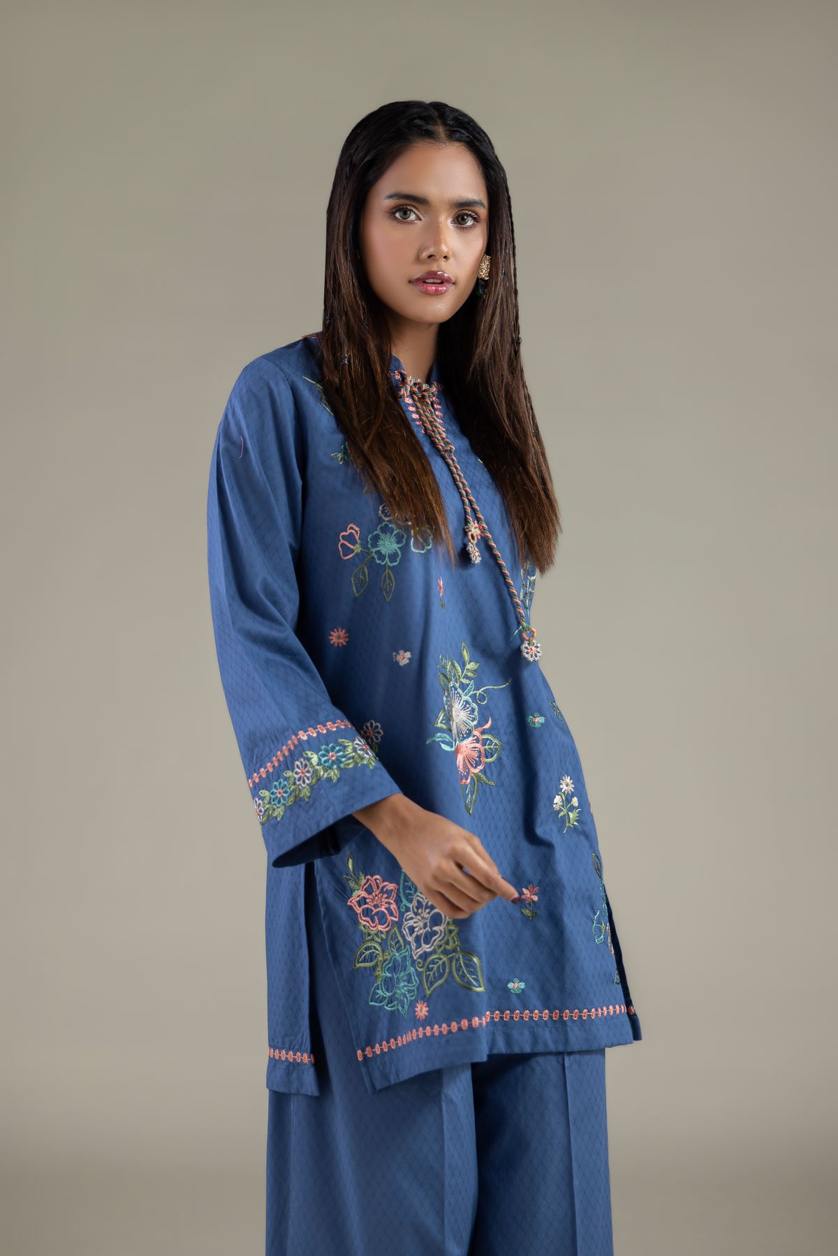 Embroidered Cotton Dobby Floral Drawstring Kurta - 1-26-137-A-A-VG
