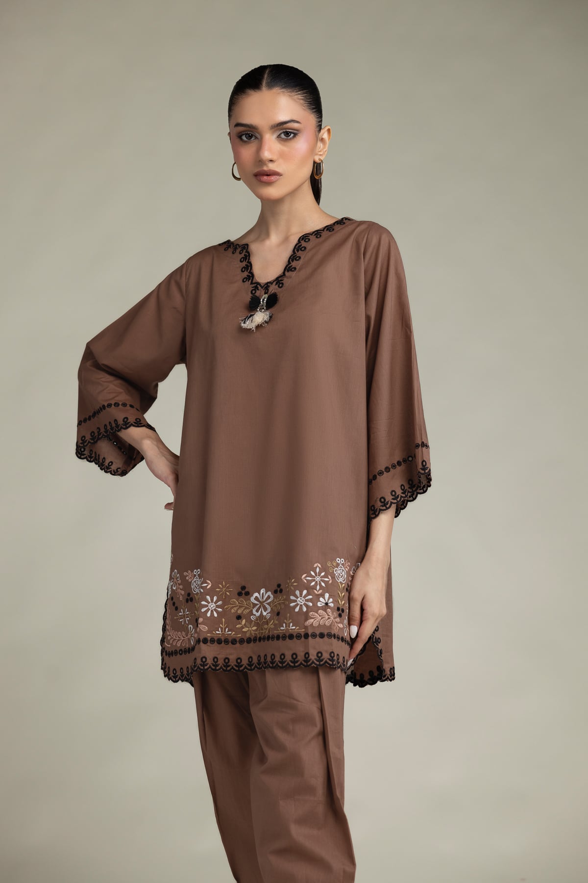 Embroidered Cambric Short Brown Kurta - 1-26-303-B-G1-VG