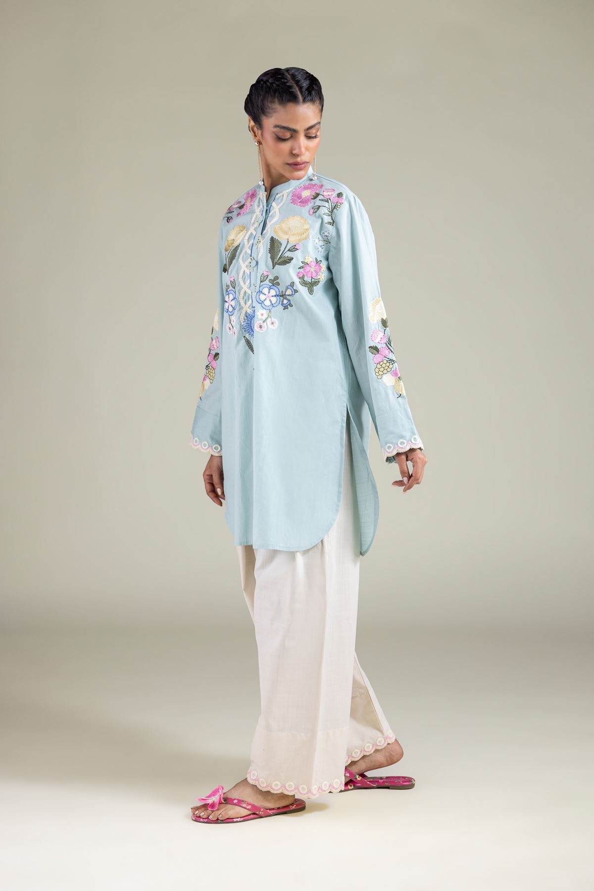 Embroidered Textured Cotton Relaxed Lace-Up Shalwar - 1-26-108-A-B-VG