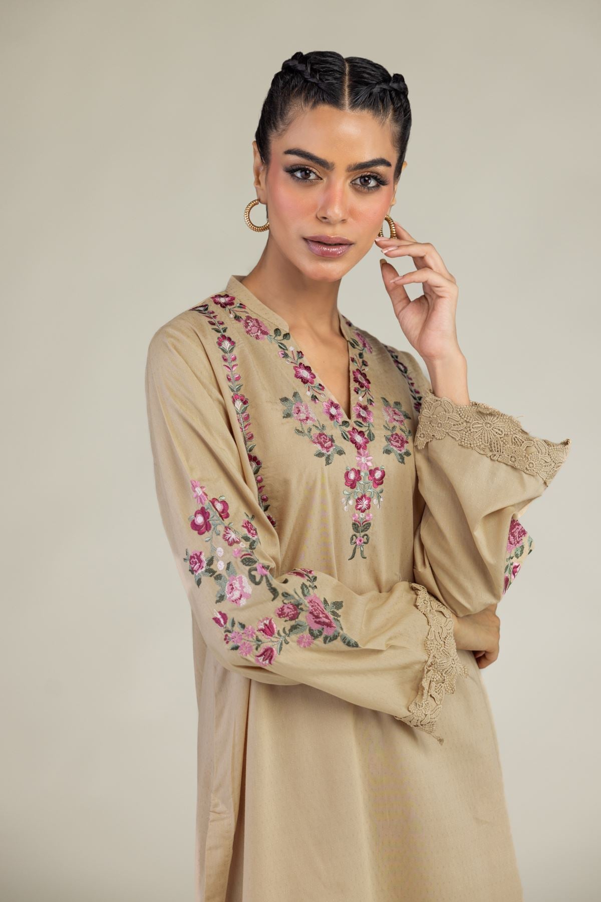 Embroidered Cotton Dobby Floral Longline Kurta - 25-10-12E5-04TB-VG