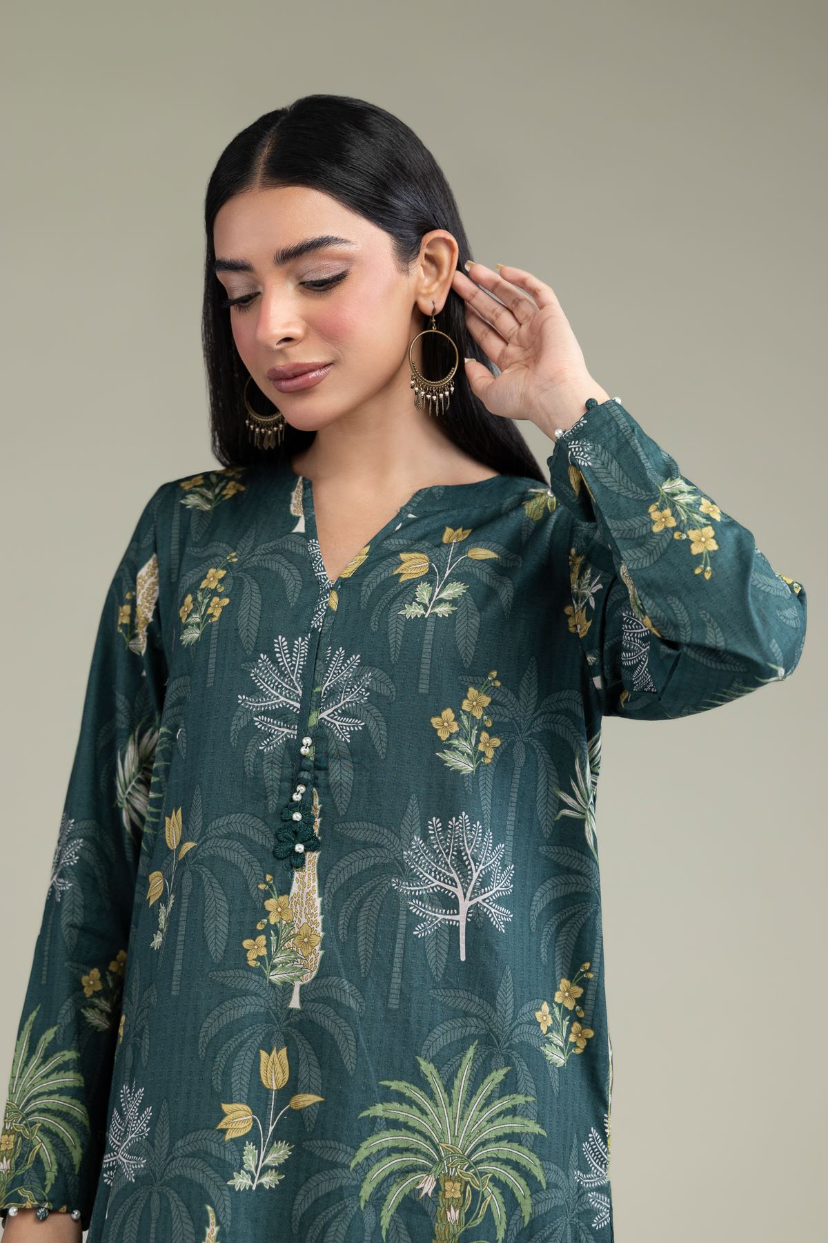 Printed Cotton Dobby Floral V-Neck Kurta - 1-26-211-A-F1-VG