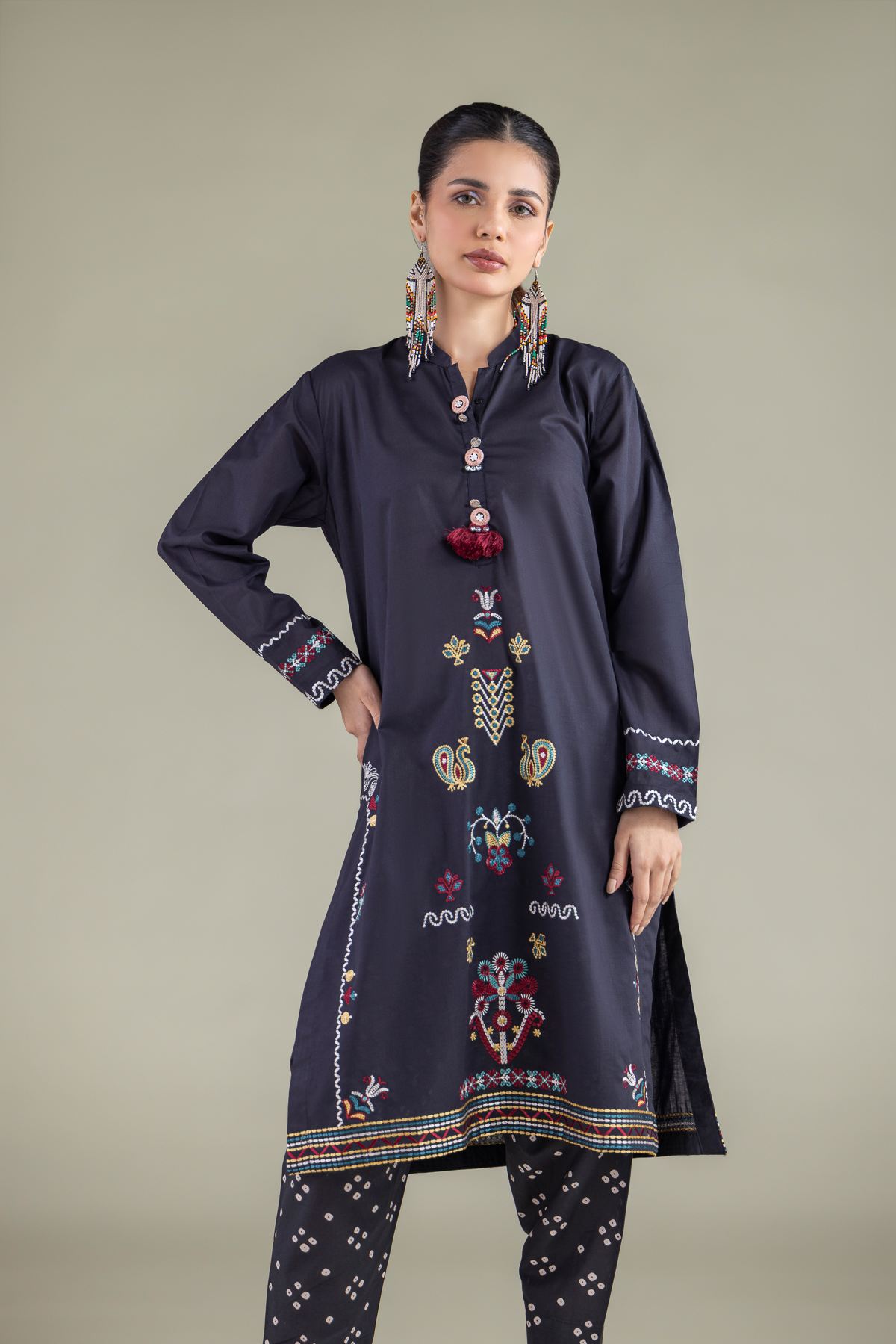 Embroidered Cambric Navy Pom-Pom Kurta - 1-26-117-A-E-VG