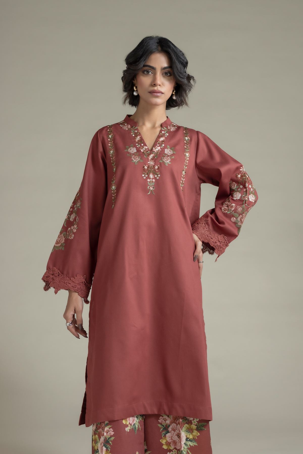 Embroidered Textured Cotton Kurta - 25-10-12E9-08TA-VG