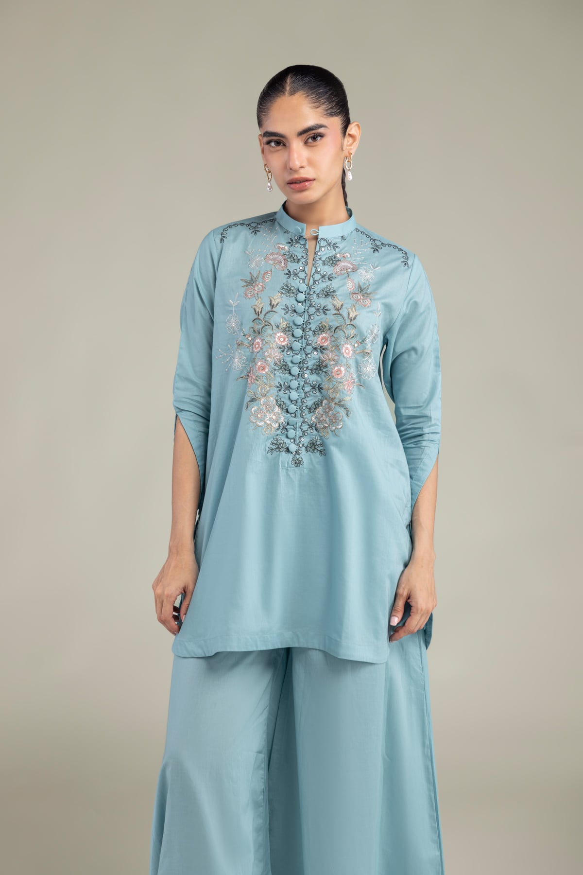 Embroidered Cambric Blue Floral Kurta - 1-26-102-A-F-VG