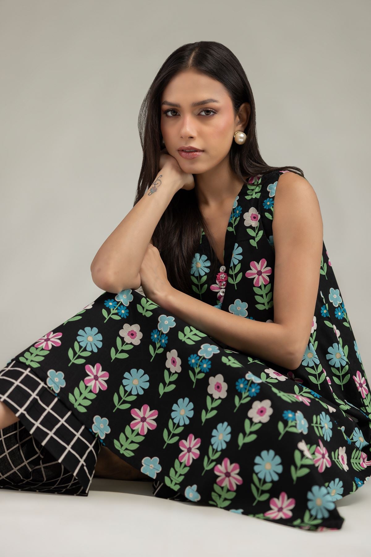 Printed Cambric Black Cambric Kurta - 8-26-304-A-B1-VG