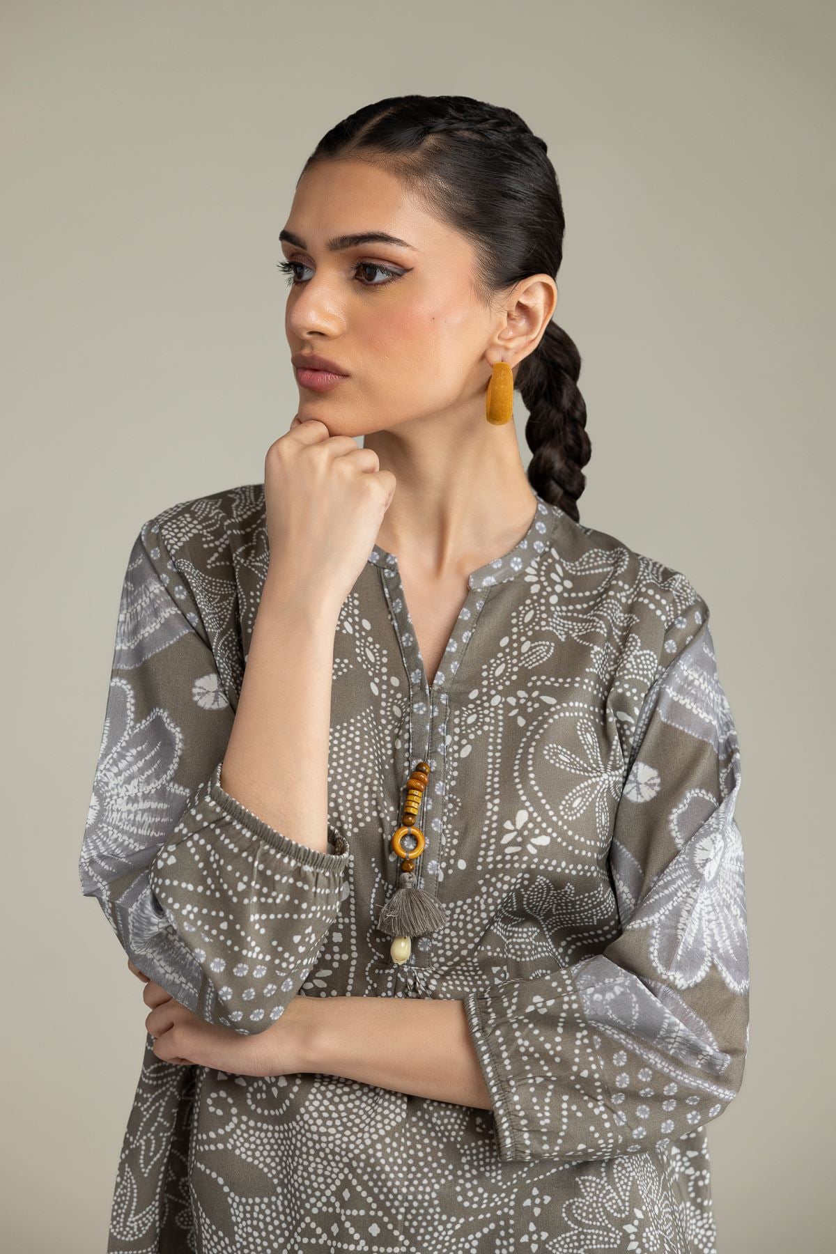 Printed Viscose Crepe Gray Viscose Blouse - 8-26-206-A-D1-VG