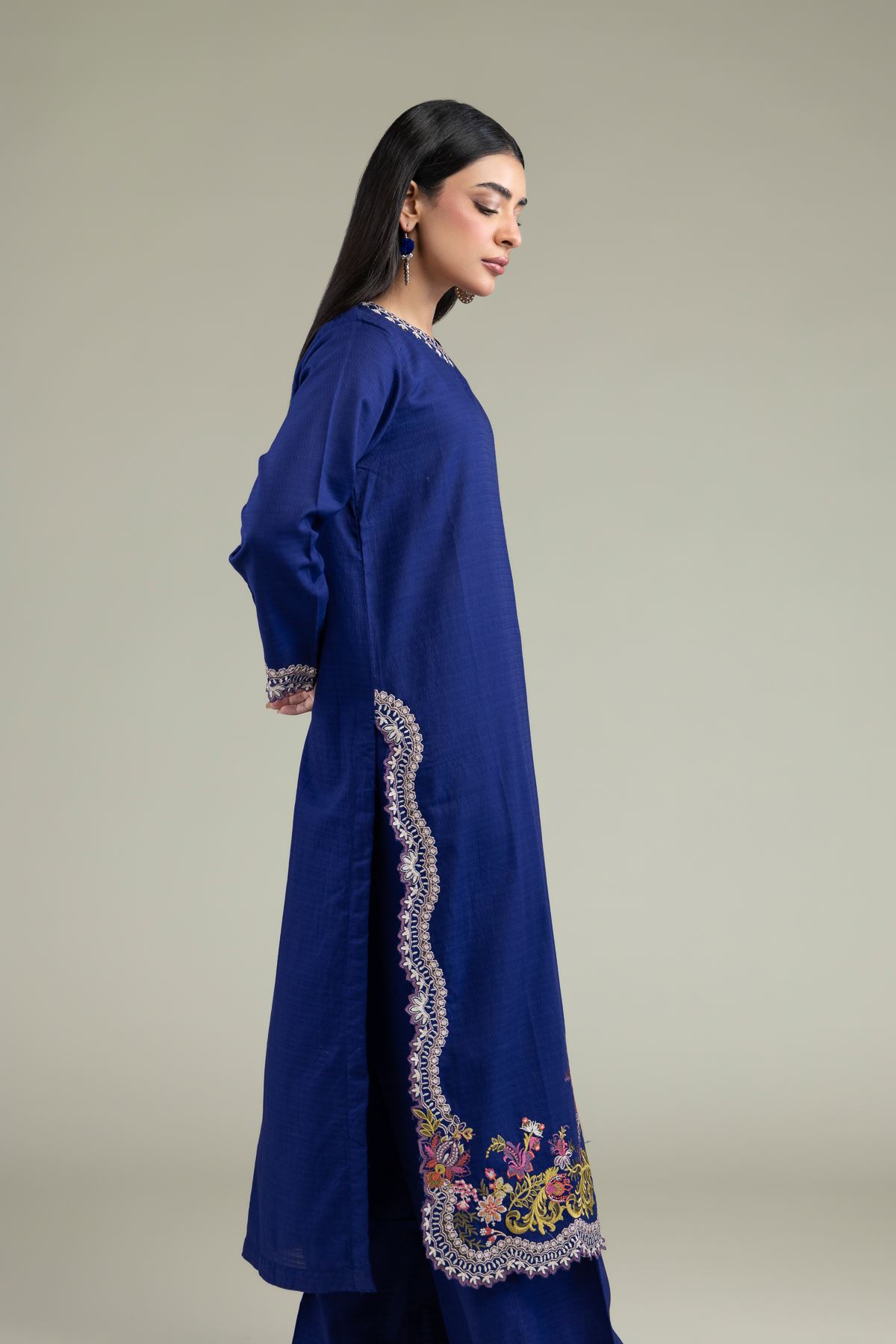 Embroidered Cotton Dobby Floral Scalloped Kurta - T-A11-26-107FA1-VG