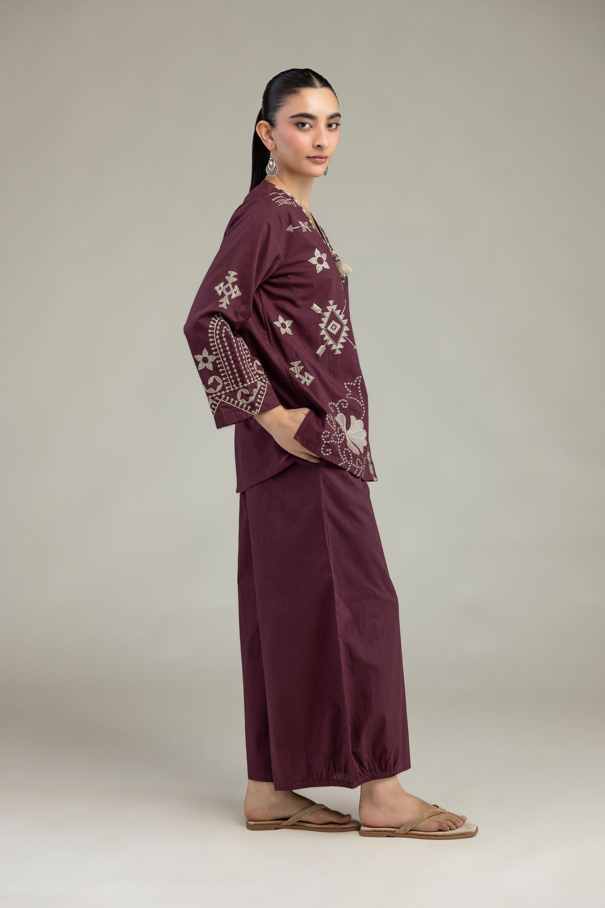 Embroidered Textured Cotton Textured Cotton Trousers - 6-26-204-A-B1-VG